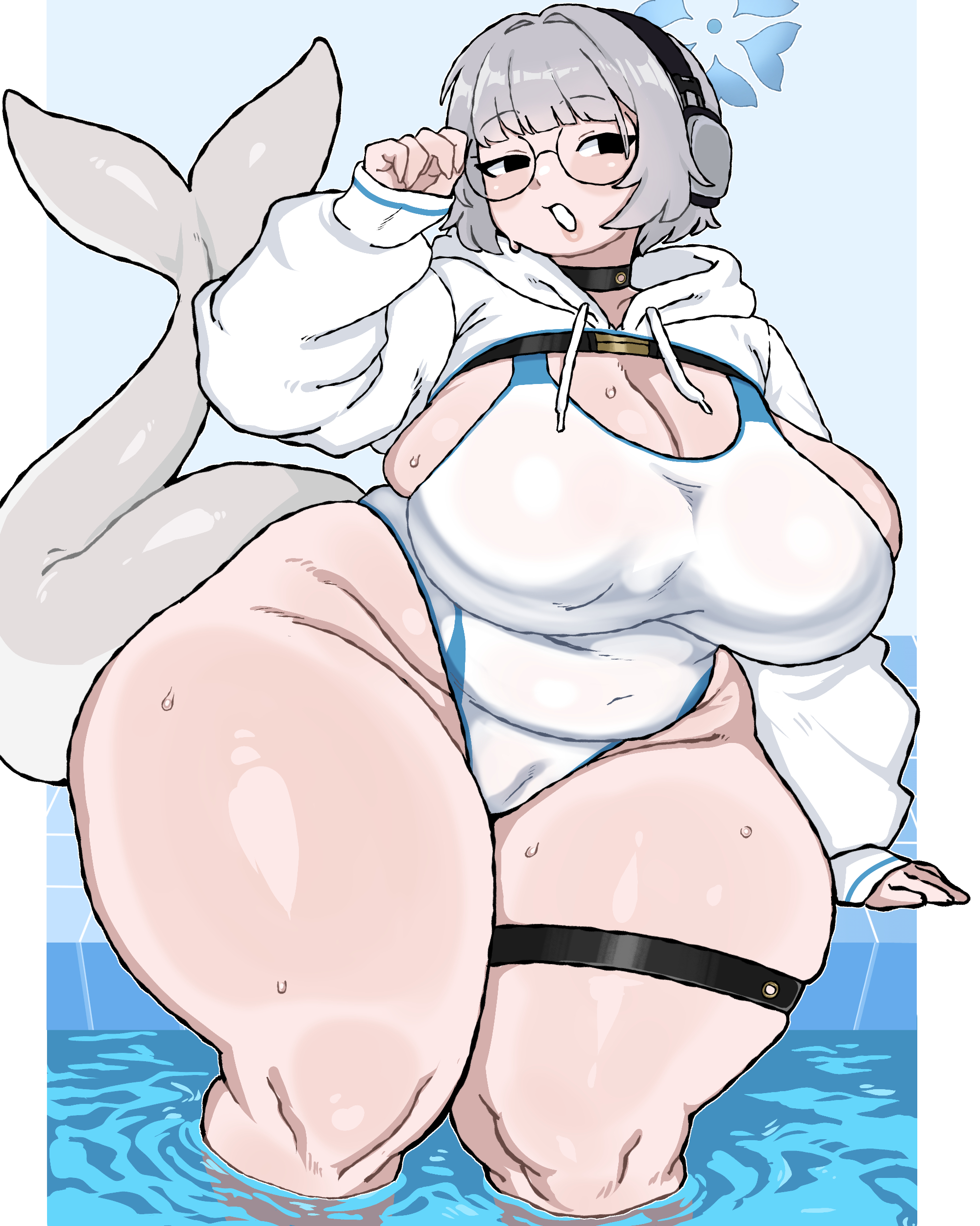1girls, absurd res, absurdres, black choker, black eyes, blue archive, breasts, cameltoe, cetacean tail, choker, fat, fat woman, female, fins, fish tail, glasses, grey hair, headphones, hi res, highres, huge breasts, kotone (blue archive), legband, memerieart, obese, pale skin, plump, sweat, sweatdrop, swimsuit, tail, thick thighs, thighs, whale girl, wide hips