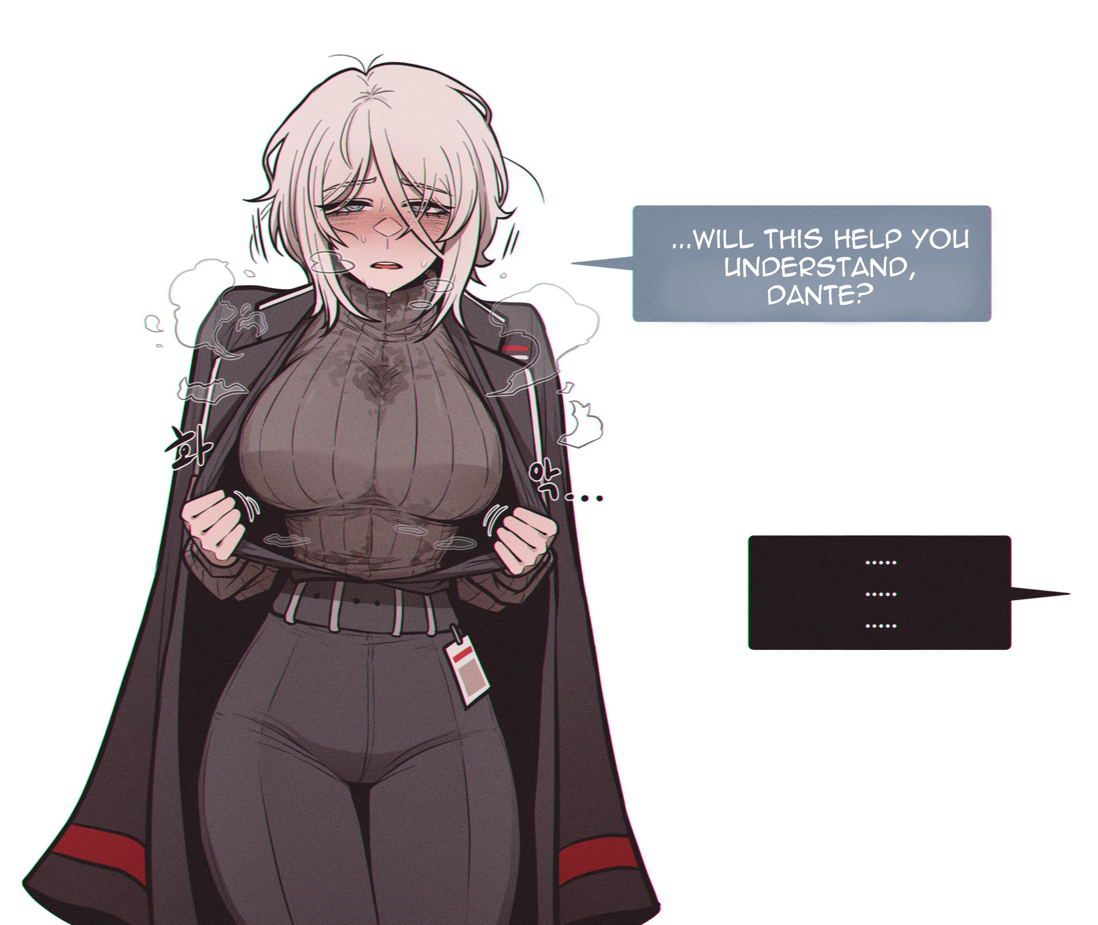 ..., 1girls, 1other, blush, blushing, breath, dante (limbus company), dialogue, english text, faust (limbus company), heat, heavy breathing, hot, id card, jacket, large breasts, limbus company, misg1111, offscreen character, project moon, removing clothing, short hair, speech bubble, spoken ellipsis, steam, steaming body, steamy breath, sweat on breasts, sweater, sweaty breasts, talking to viewer, undressing, uniform, visible breath, white hair, wide hips, work clothes, work uniform