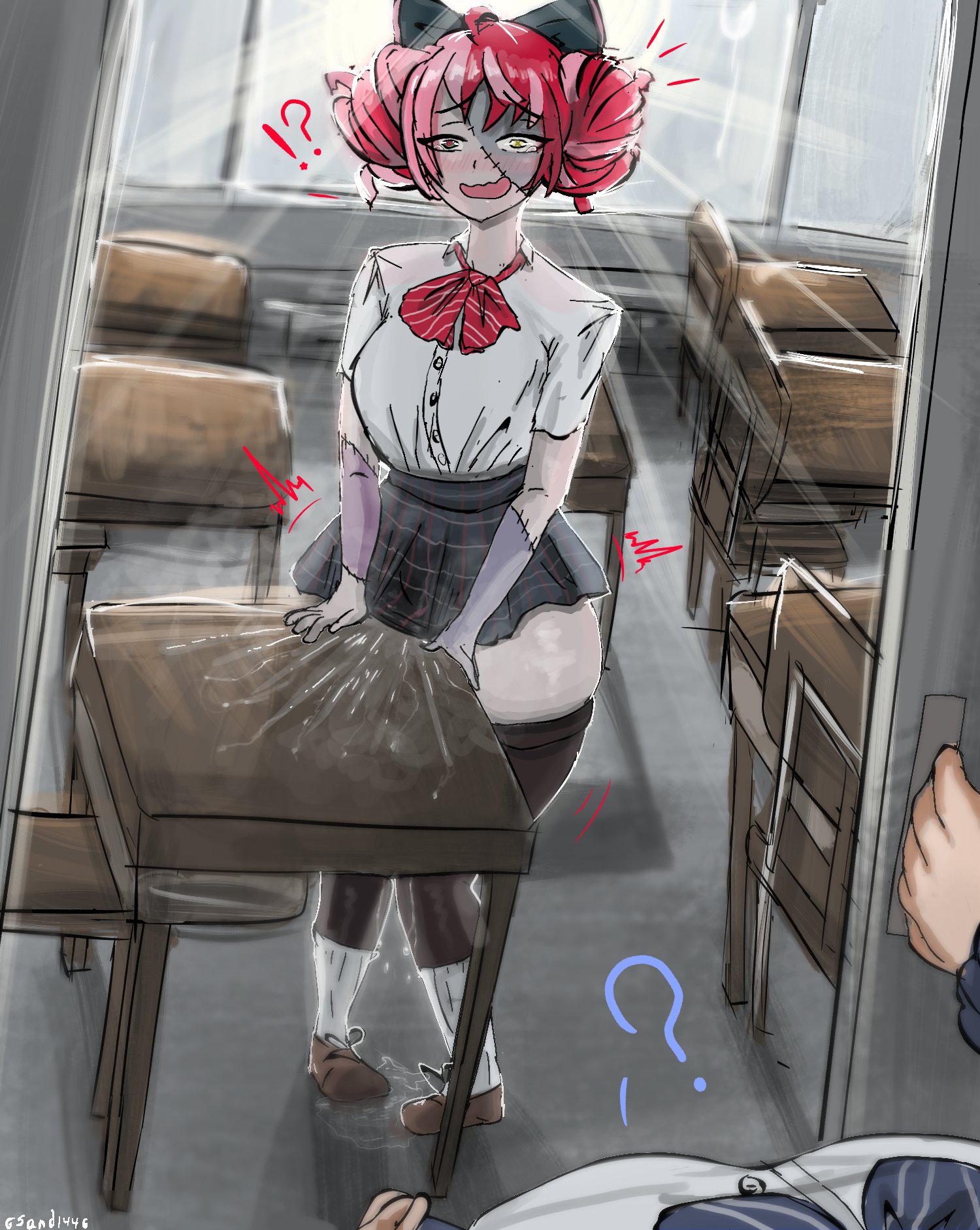 1girls, big breasts, blush, blushing, blushing at viewer, breasts, busty, busty female, button down shirt, caught, caught in the act, caught masturbating, classroom, classroom background, clothed, clothed female, daytime, desk masturbation, detailed background, embarrassed, eye contact, eyebrows, female, female pov, gray body, gray hair, gray skin, hair bun, hair tied, hands on desk, hands on surface, haribow, heterochromia, hololive, hololive indonesia, hololive indonesia holoro, kureiji ollie, large breasts, looking at viewer, masturbating, masturbating under clothes, masturbation, monster girl, mouth open, multicolored hair, narrow waist, opening door, pants, pants down, pants under skirt, patchwork skin, pigeon-toed, pov breasts, public indecency, public masturbation, pussy juice, pussy juice drip, pussy juice puddle, pussy juice splatter, red eye, red hair, ribbon, ribbon collar, sand1447, school desk, school uniform, schoolgirl, seifuku, shoes, short skirt, short sleeved shirt, short sleeves, skirt, sliding doors, solo, solo focus, spats, spats pants, standing, standing masturbation, stitched body, stitches, surprised, table masturbation, tearing up, thick thighs, thighs, tight shirt, twin buns, twitching, undead, undead female, vaginal juice drip, vaginal juice puddle, vaginal juices, virtual yotuber, virtual youtuber, walked in on, wet pussy, wide hips, window, yellow eye, zombie, zombie girl