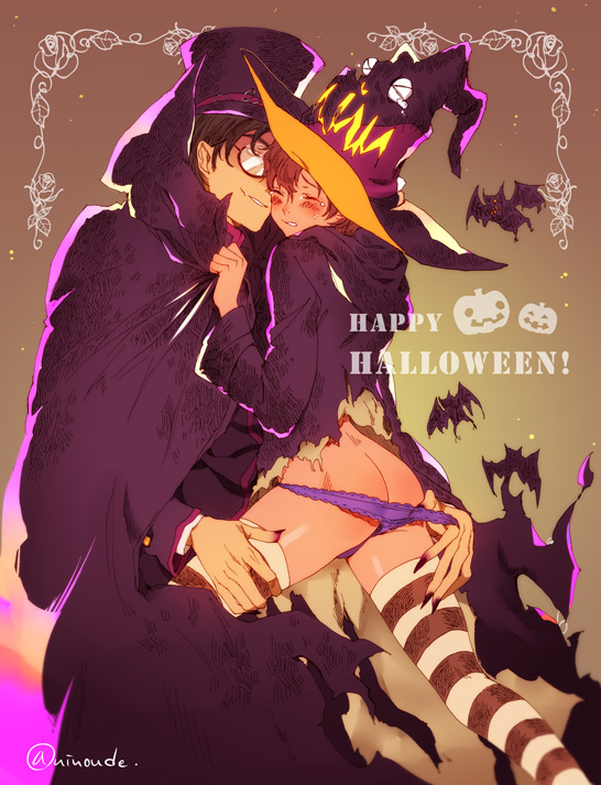 2boys ass ass_cleavage black_hair blush brown_hair bulge butt_crack costume glasses halloween hat kekkai_sensen leonardo_watch male_only multiple_boys panties short_hair size_difference steven_a._starphase thighhighs underwear undressing witch_hat yaoi