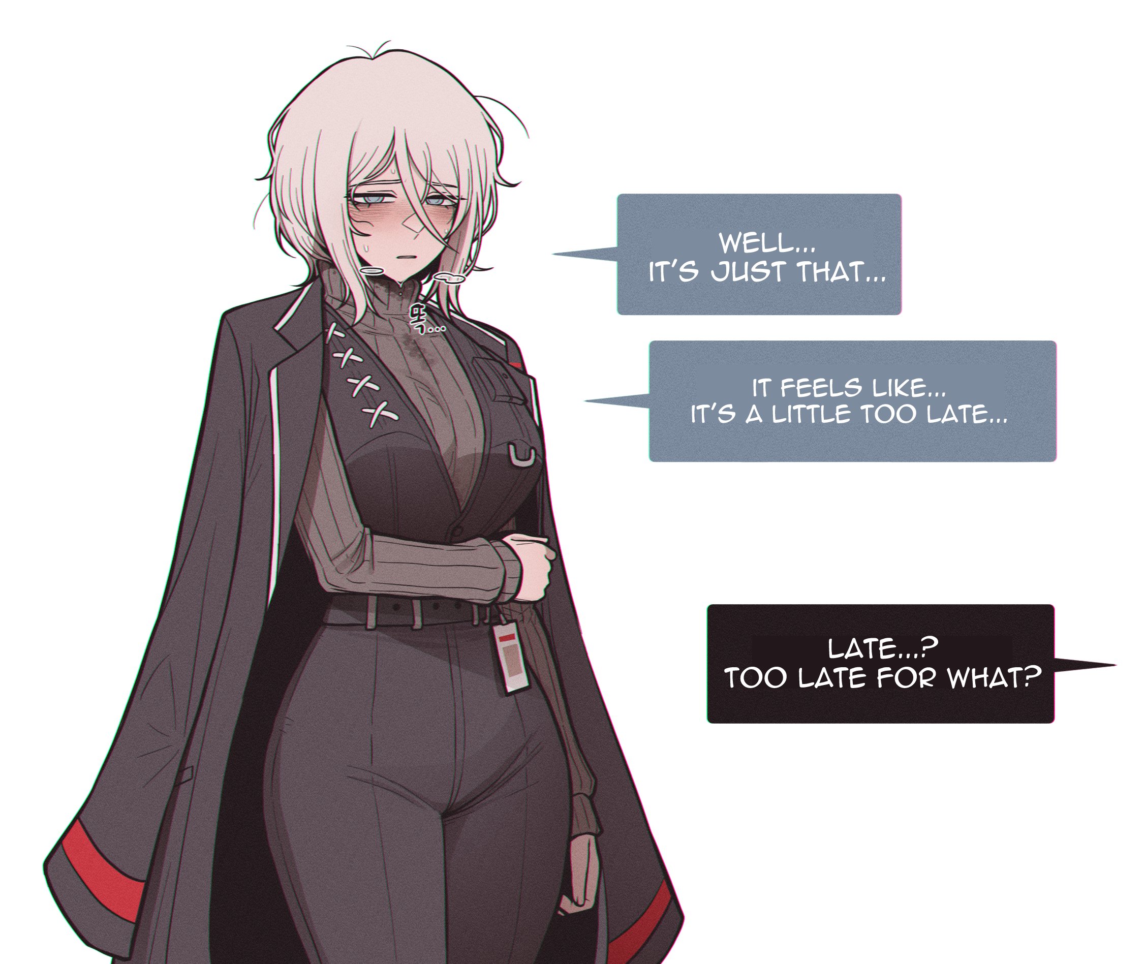 1girls, 1other, blush, blushing, dante (limbus company), dialogue, english text, faust (limbus company), heat, hot, id card, jacket, large breasts, limbus company, misg1111, offscreen character, project moon, short hair, speech bubble, steam, steaming body, steamy breath, sweat on breasts, sweater, sweaty breasts, talking to viewer, uniform, white hair, wide hips, work clothes, work uniform
