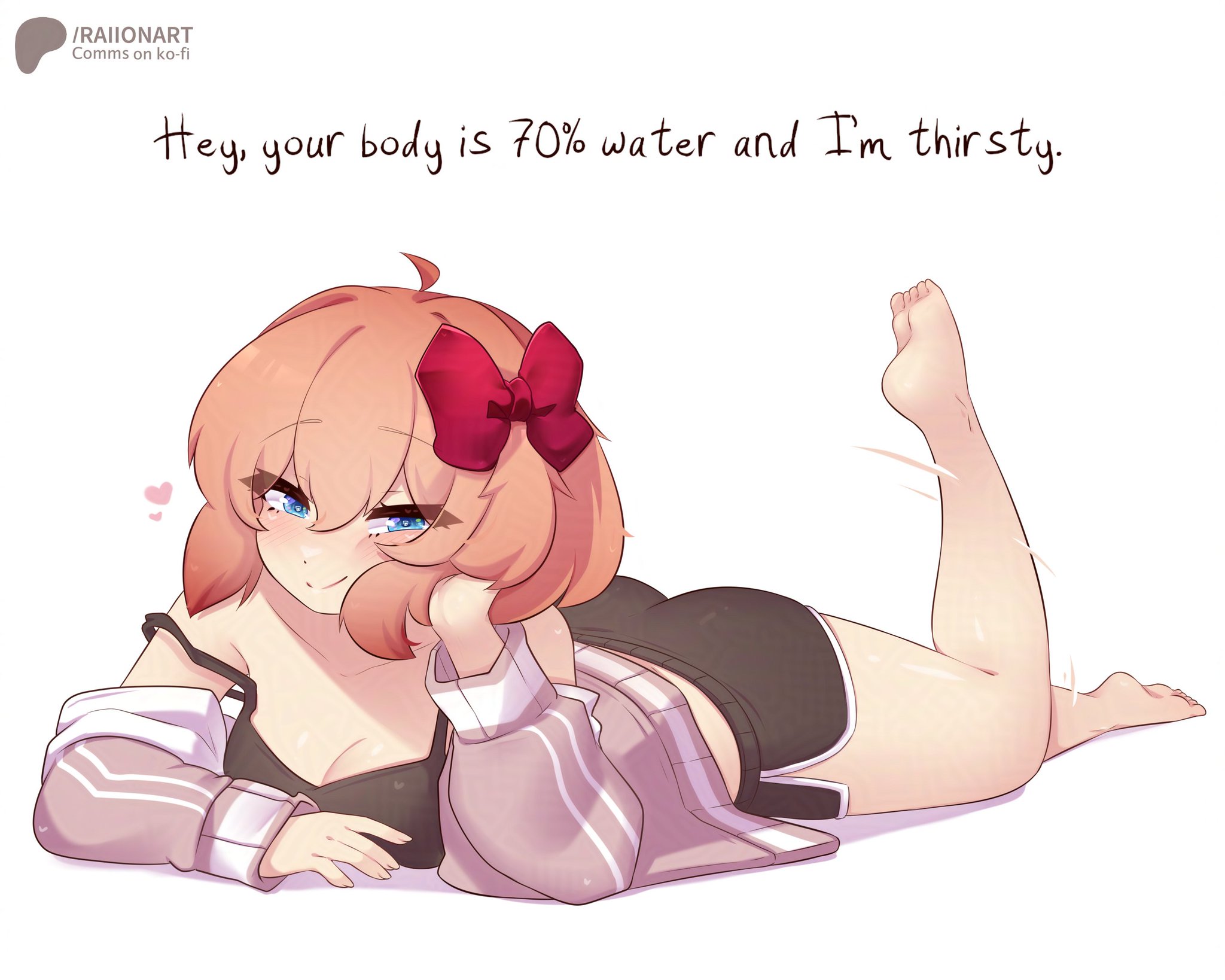 1girl, 7u7, barefoot, black clothing, blue eyes, doki doki literature club, raionart, raised leg, red ribbon, sayori (doki doki literature club), sexy look, short hair, shorts