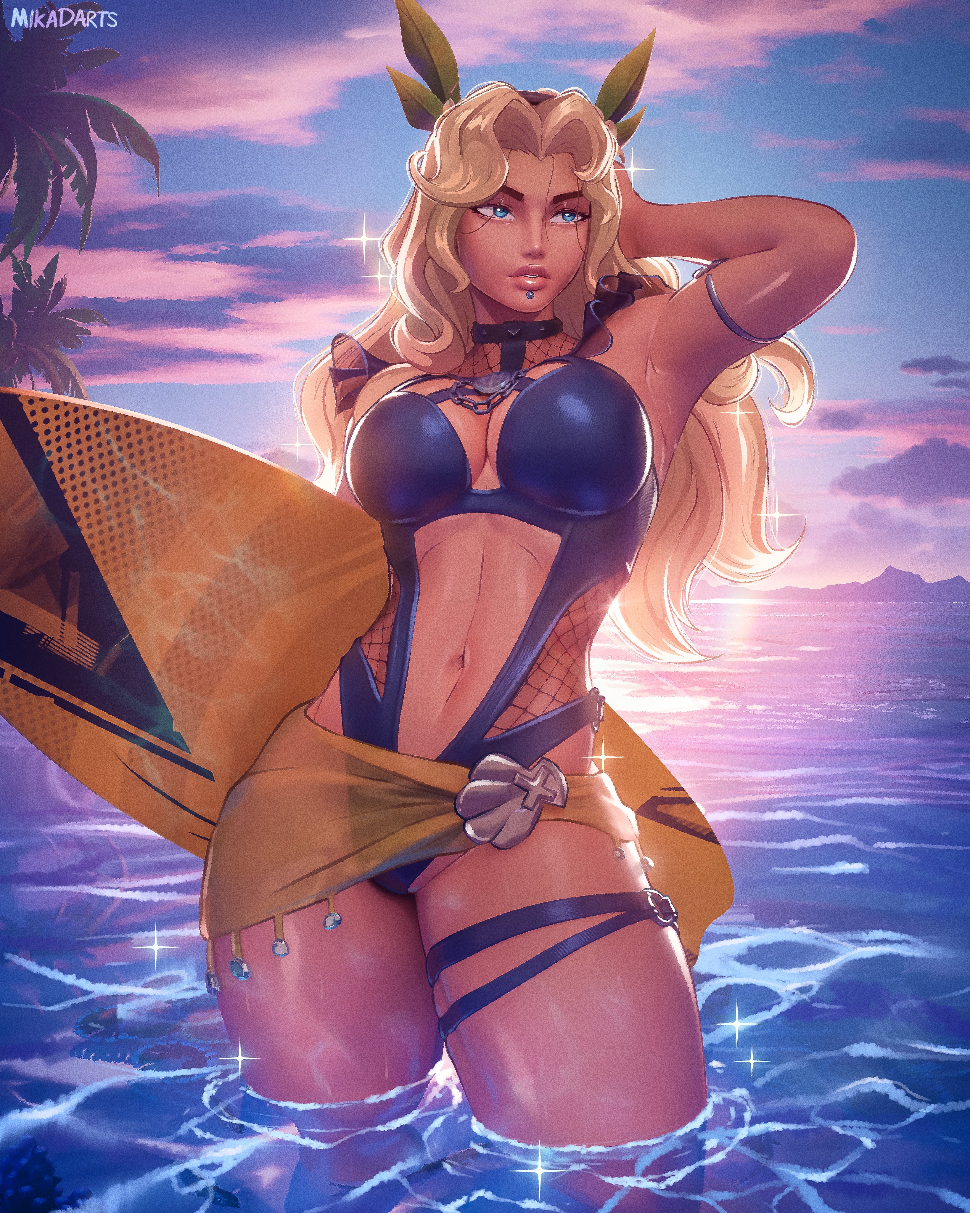 1girls, 2d, armpits, arms up, beach, big ass, big breasts, blonde hair, defined nose, female, female only, fully clothed, magik (illyana rasputin), magik (marvel rivals), magik (soul surfer), marvel, marvel rivals, midriff, mikadawn, navel, solo, surfboard, thick thighs, thighs, water, wet