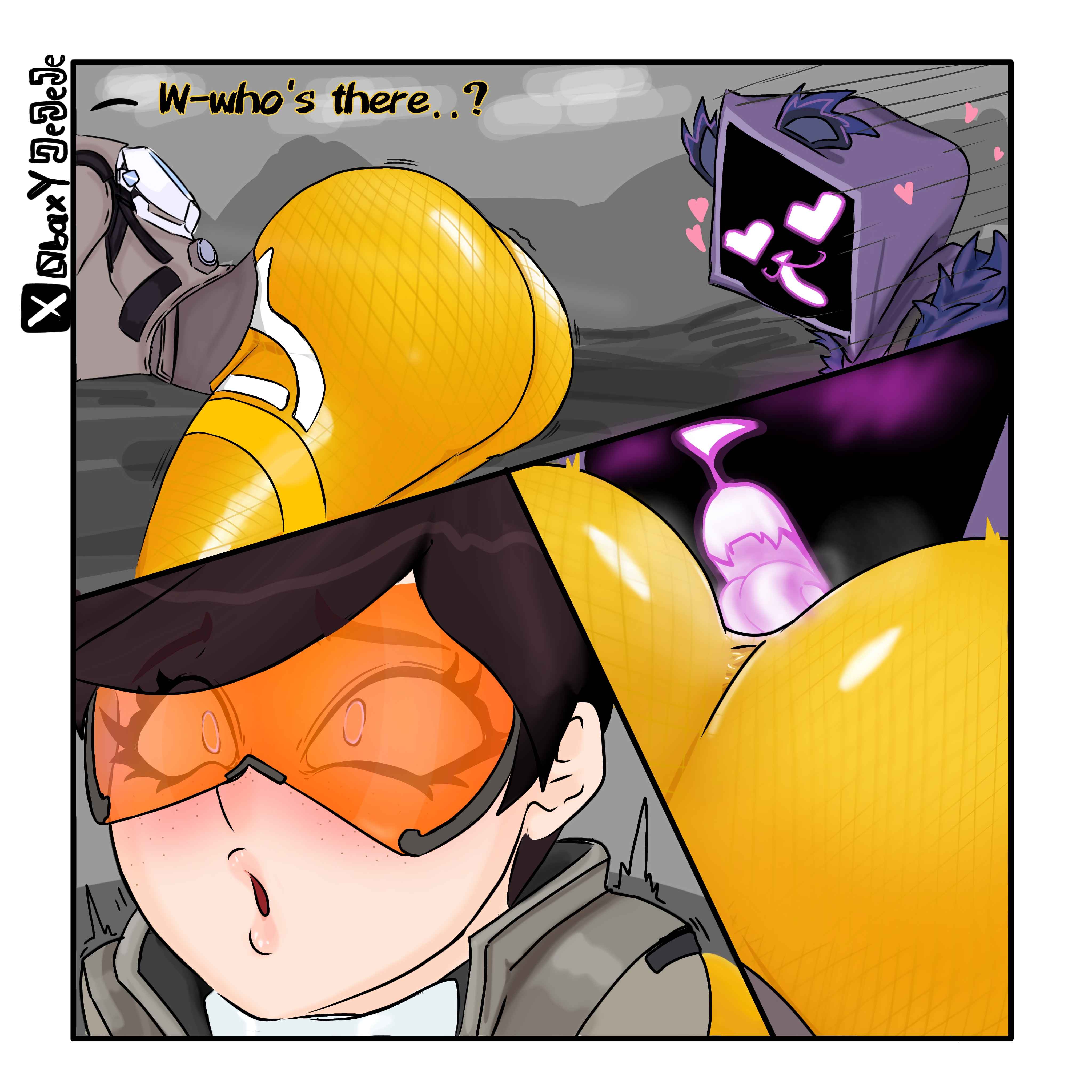 2characters, 2girls, anilingus, anime style, ass, ass eating, ass lick, bodysuit, butt, close-up, collaboration skins, comic style, digital art, eating ass, english text, face between buttocks, face in ass, female, fortnite, fortnite: battle royale, from behind, looking at another character, obaxyjeje, oral, orange bodysuit, overwatch, overwatch 2, perspective, pov, raven team leader, rimming, rimming female, robot, thighhighs, tights, tongue in ass, tracer, tracer (fortnite), tracer (overwatch 2 suit), yuri