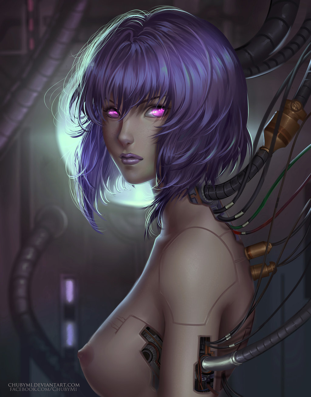 1girls breasts chubymi cyborg female female_only ghost_in_the_shell glowing_eyes kusanagi_motoko lipstick looking_at_viewer nipples purple_eyes purple_hair purple_lipstick solo uncensored upper_body wire