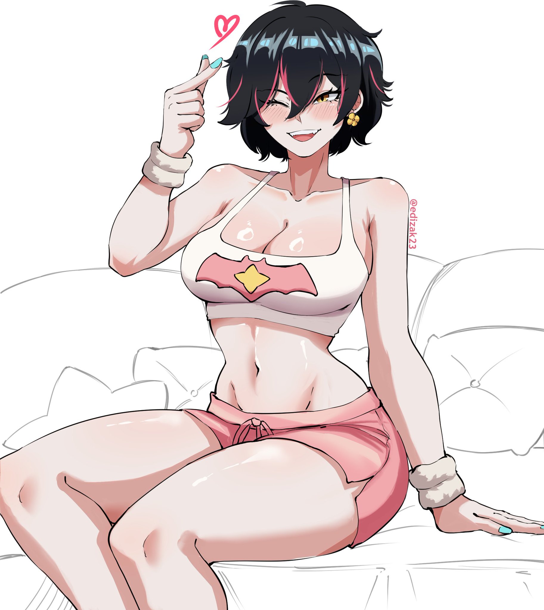 2d, abs, asian, asian female, big breasts, fully clothed, heart, jubilation lee, jubilee, jubilee (marvel rivals), jubilee (vampy jammies), marvel, marvel rivals, midriff, navel, pajamas, smile, solo, thick thighs