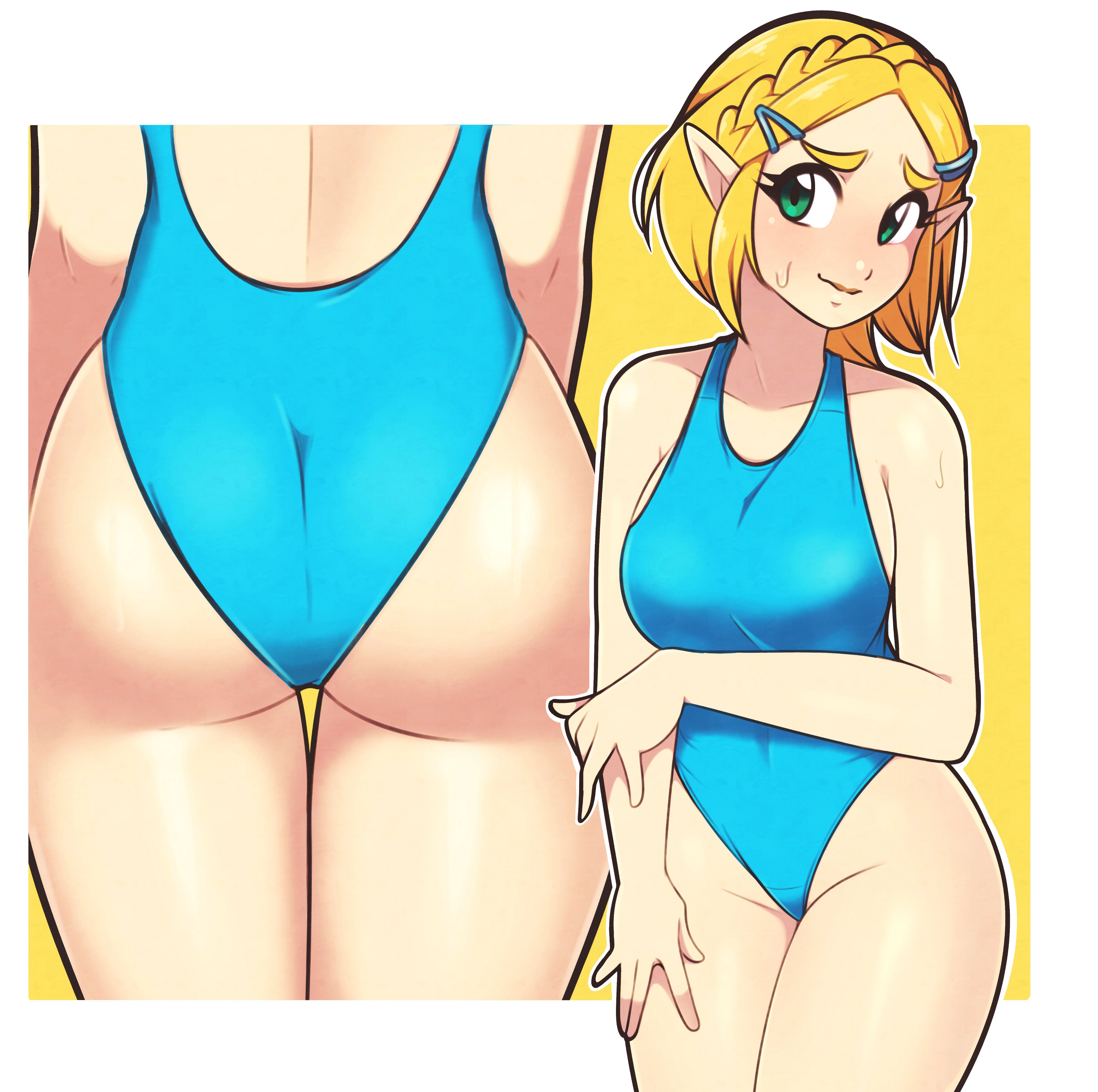1girls, absurdres, alternate costume, ass, big breasts, blonde hair, blue one-piece swimsuit, blush, border, breasts, casual one-piece swimsuit, commentary, covered nipples, cowboy shot, english commentary, green eyes, highres, jeff miga, jeffmiga, large breasts, looking at viewer, multiple views, nervous, nintendo, one-piece swimsuit, pointy ears, princess zelda, short hair, simple background, smile, swimsuit, tears of the kingdom, the legend of zelda, the legend of zelda: tears of the kingdom, white border, zelda (tears of the kingdom)