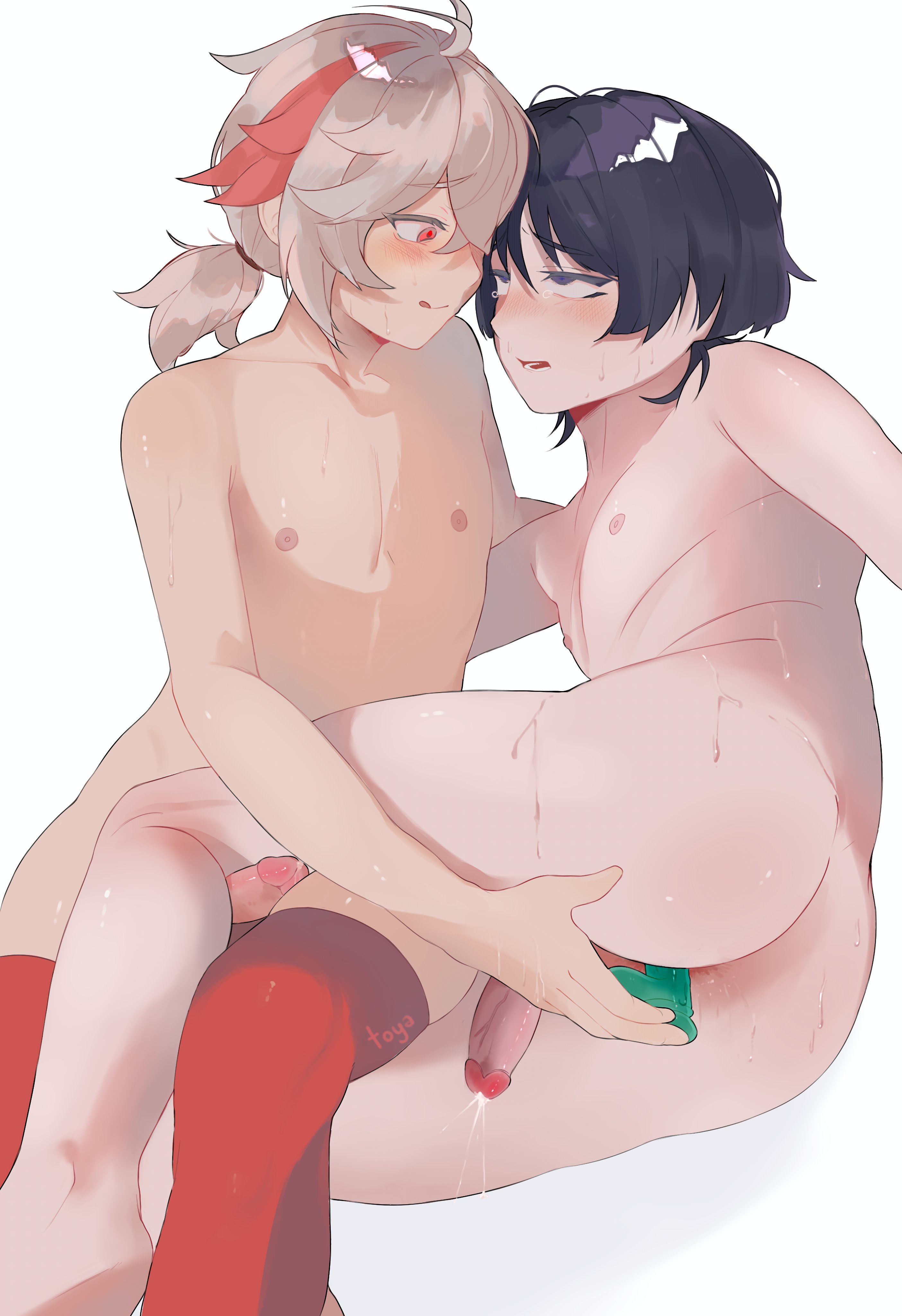 2boys, ahe gao, dildo, dildo in ass, erect penis, erection, femboy, gay, genshin impact, kaedehara kazuha, kazuha (genshin impact), leggings, male, male only, male/male, precum, precum drip, precum trail, scaramouche (genshin impact), thick thighs, thighs, twink, yaoi