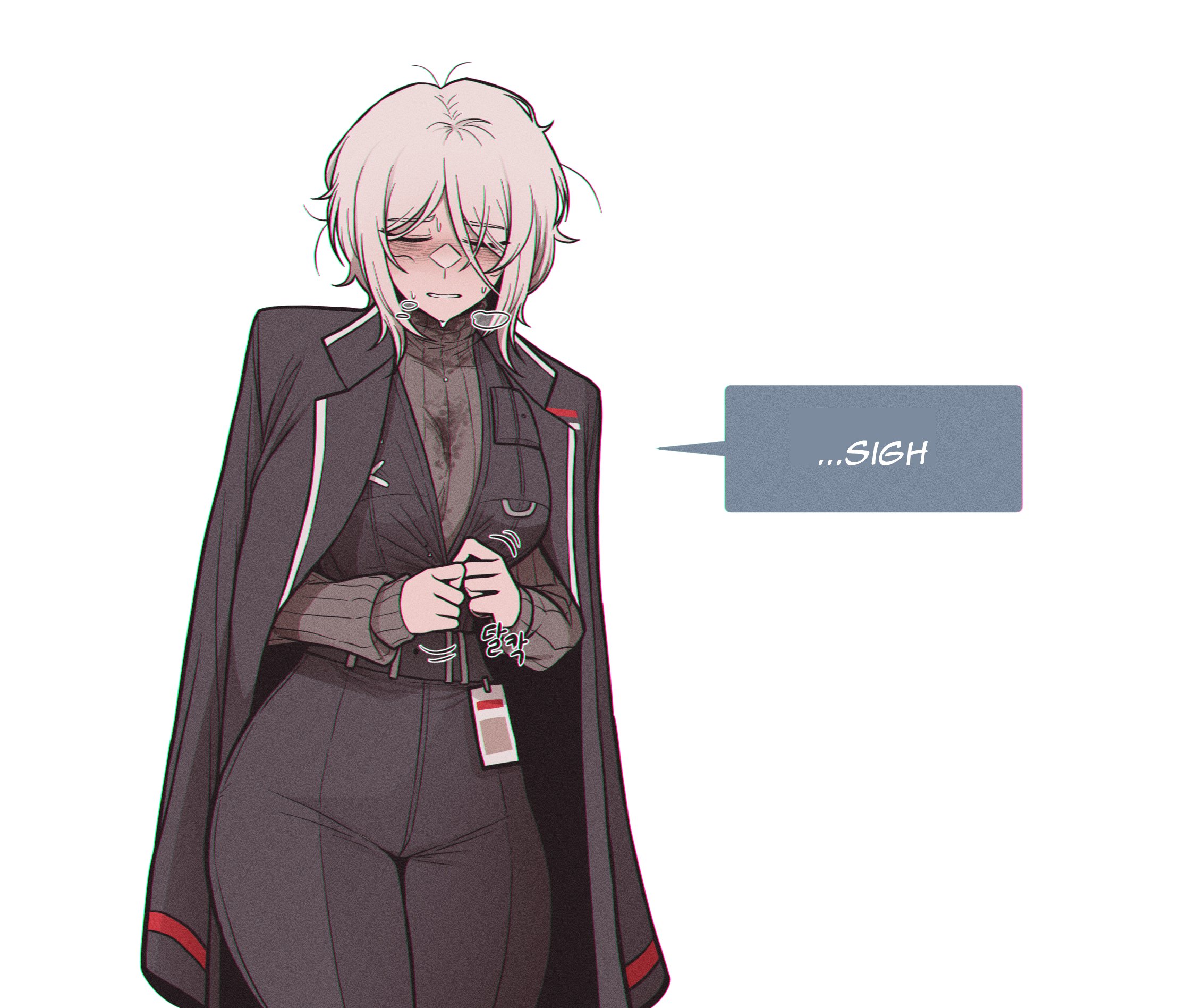 blush, blushing, dialogue, faust (limbus company), heat, hot, id card, jacket, large breasts, limbus company, misg1111, project moon, short hair, steam, steaming body, steamy breath, sweat on breasts, sweater, sweaty breasts, talking to viewer, uniform, white hair, wide hips, work clothes, work uniform