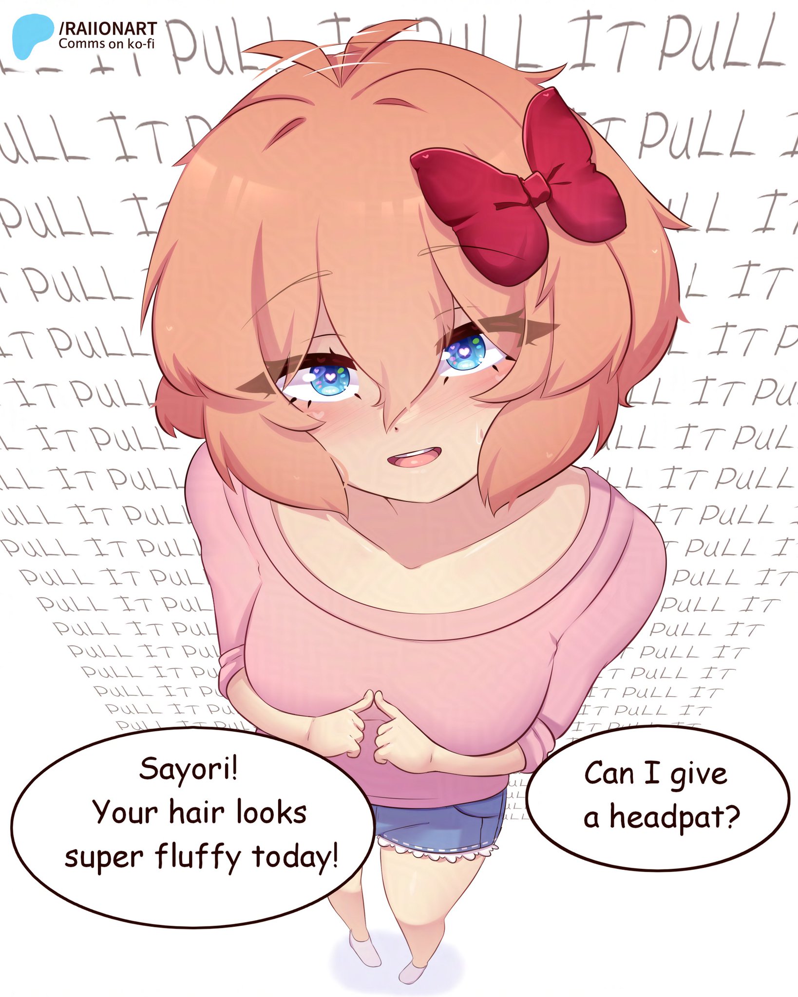 1girl, blue eyes, dialogue bubble, doki doki literature club, imminent headpat, pink blouse, raionart, red ribbon, red ribbon in hair, repeated text, sayori (doki doki literature club), shiny eyes, short hair, shorts, smile, smiling, socks, text bubble, top view, white socks
