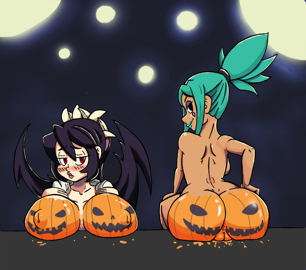 2girls anus ass bodypaint breasts breasts_out cerebella colored dark_skin filia_(skullgirls) halloween huge_ass inverted_nipples jack-o'-lantern lab_zero_games large_breasts looking_back multiple_girls nude paint puffy_nipples pumpkin_butt pussy red_eyes samson_(skullgirls) skullgirls uncensored wide_hips