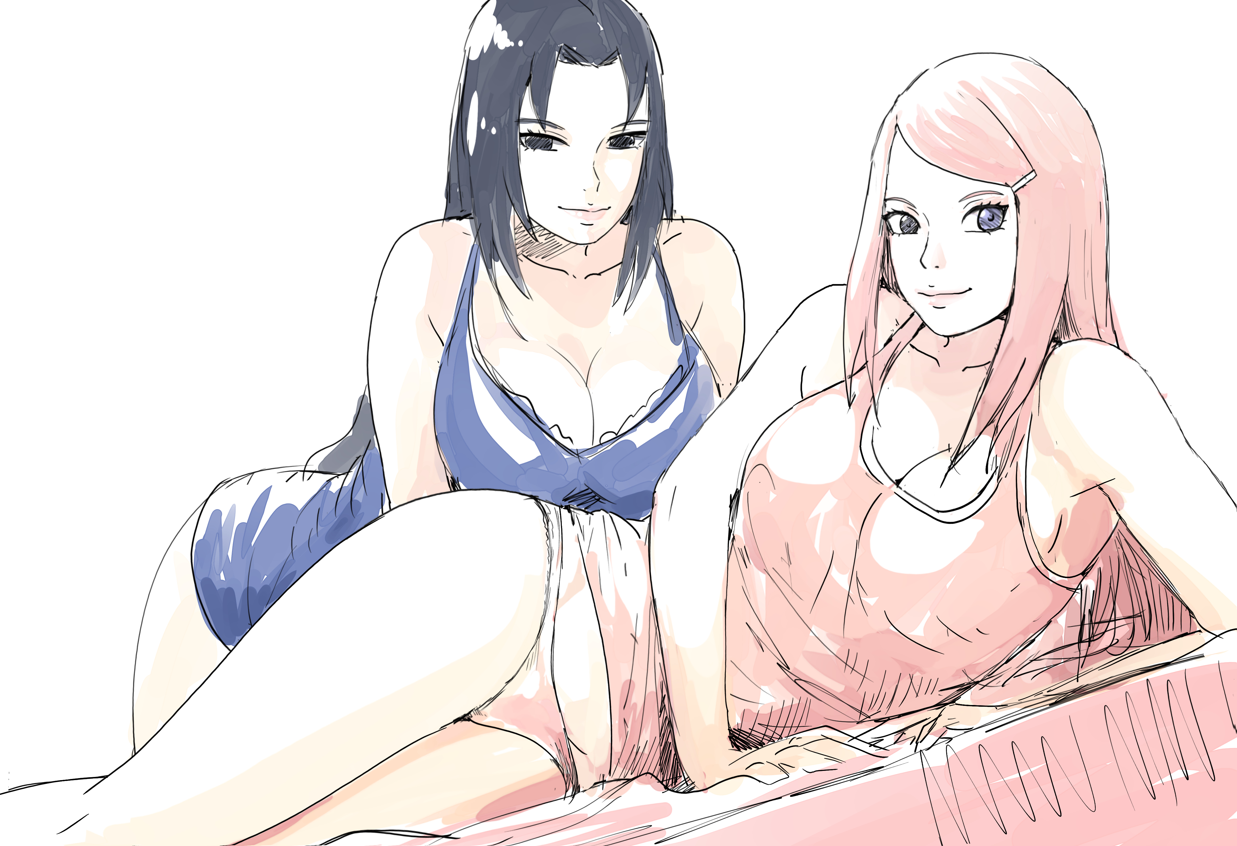 2girls, absurd res, absurd resolution, absurdres, alternate breast size, arched back, bare arms, bare legs, bare thighs, barefoot, bbw, bent over, big breasts, bimbo, black eyes, black hair, blue dress, blue eyes, breast size difference, busty, cleavage, clothed, clothing, female, female focus, female only, fully clothed, hairclip, hi res, high resolution, highres, kushina uzumaki, large breasts, lickliking, light skin, light-skinned female, lips, lipstick, long hair, lying, lying on side, makeup, mature, mature body, mature female, mature woman, medium breasts, mikoto uchiha, milf, mommy, mommy kink, naruto, naruto (series), naruto shippuden, naruto: road to ninja, on bed, on side, pale skin, pale-skinned female, panties, perky breasts, pink lips, pink lipstick, red dress, red hair, red panties, red underwear, seductive, seductive eyes, seductive look, seductive pose, seductive smile, shonen jump, shounen jump, shueisha, skimpy, skimpy clothes, skimpy dress, sleeveless, sleeveless dress, smile, smiling, smiling at viewer, uchiha mikoto, underwear, uzumaki kushina, very high resolution, weekly shonen jump, weekly shonen magazine, weekly shounen jump, white background