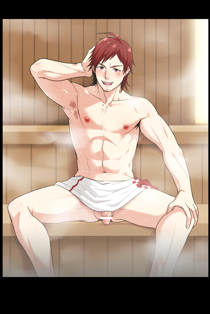 1boy abs bar_censor bath blush body_hair human idolmaster idolmaster_2 looking_at_viewer male male_only muscle pecs penis pink_eyes pov pubic_hair red_hair sauna short_hair shower solo sweat tendou_teru testicles