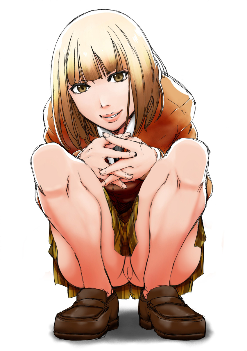 1girls, blonde hair, female, midorikawa hana, no panties, prison school, pussy, school uniform, schoolgirl, shaved pussy, shoes, short hair, skirt, smile, solo, squatting, tagme, thighs, uncensored, upskirt