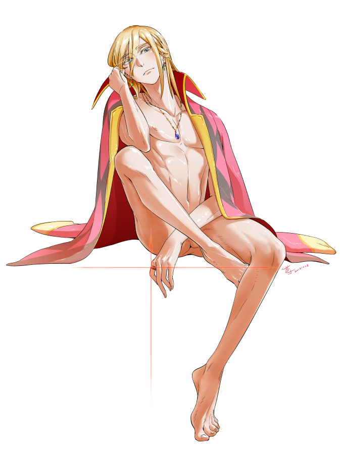 1boy abs barefoot blonde_hair blue_eyes bottomless earrings feet howl's_moving_castle howl_(character) howl_no_ugoku_shiro jewelry looking_at_viewer male_only muscles pectorals pendant penis short_hair solo studio_ghibli tagme testicles toes