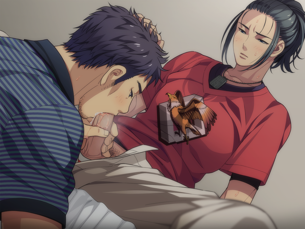 2boys abs anal ass bed black_hair cum cum_in_mouth cumdrip handjob haru_(no,_thank_you_!!!) inui_kouichi long_hair male_only multiple_boys muscle no,_thank_you_!!! pecs ponytail short_hair steam tied_hair underwear undressing yaoi