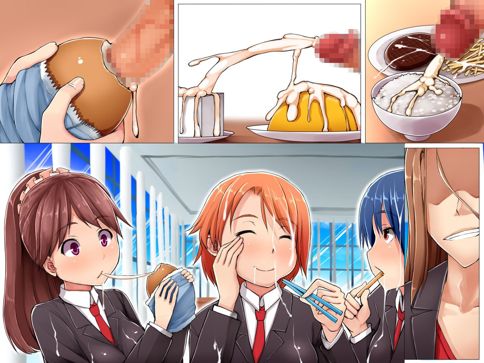 3girls, blush, bowl, brown hair, censored, cum, cum in container, cum on body, cum on food, cum on hair, cum on upper body, cumdrip, eizan, ejaculation, female, food, giji eizan, gokkun, hair ornament, happy, highres, indoors, long hair, male, multiple females, multiple girls, orgasm, penis, short hair, smile