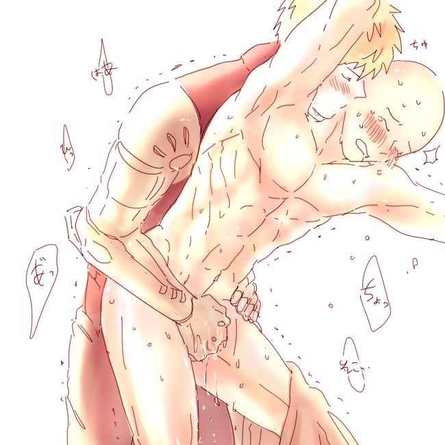 2boys bald blonde_hair blush cum cyborg gay genos ion23 kissing male male_only multiple_boys one-punch_man open_mouth saitama sweat yaoi