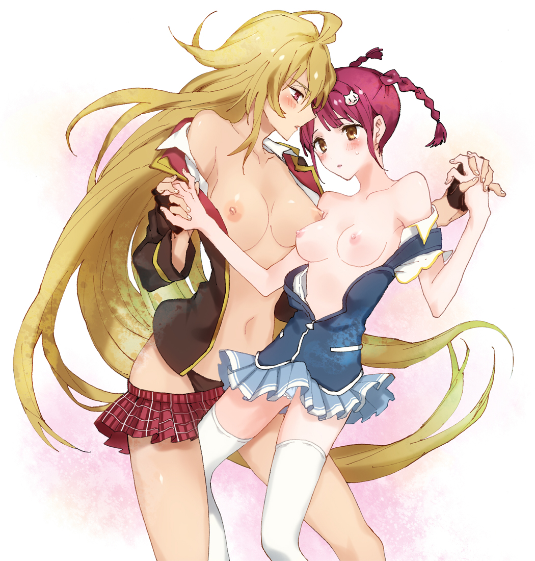 2girls areolae artist_request blonde_hair blush braid breasts brown_eyes dark_skin female hair_ornament large_breasts long_hair multiple_girls navel nipples open_clothes panties red_eyes red_hair shikishima_mirei skirt_down tied_hair tokonome_mamori undone valkyrie_drive valkyrie_drive_-mermaid- very_long_hair yuri