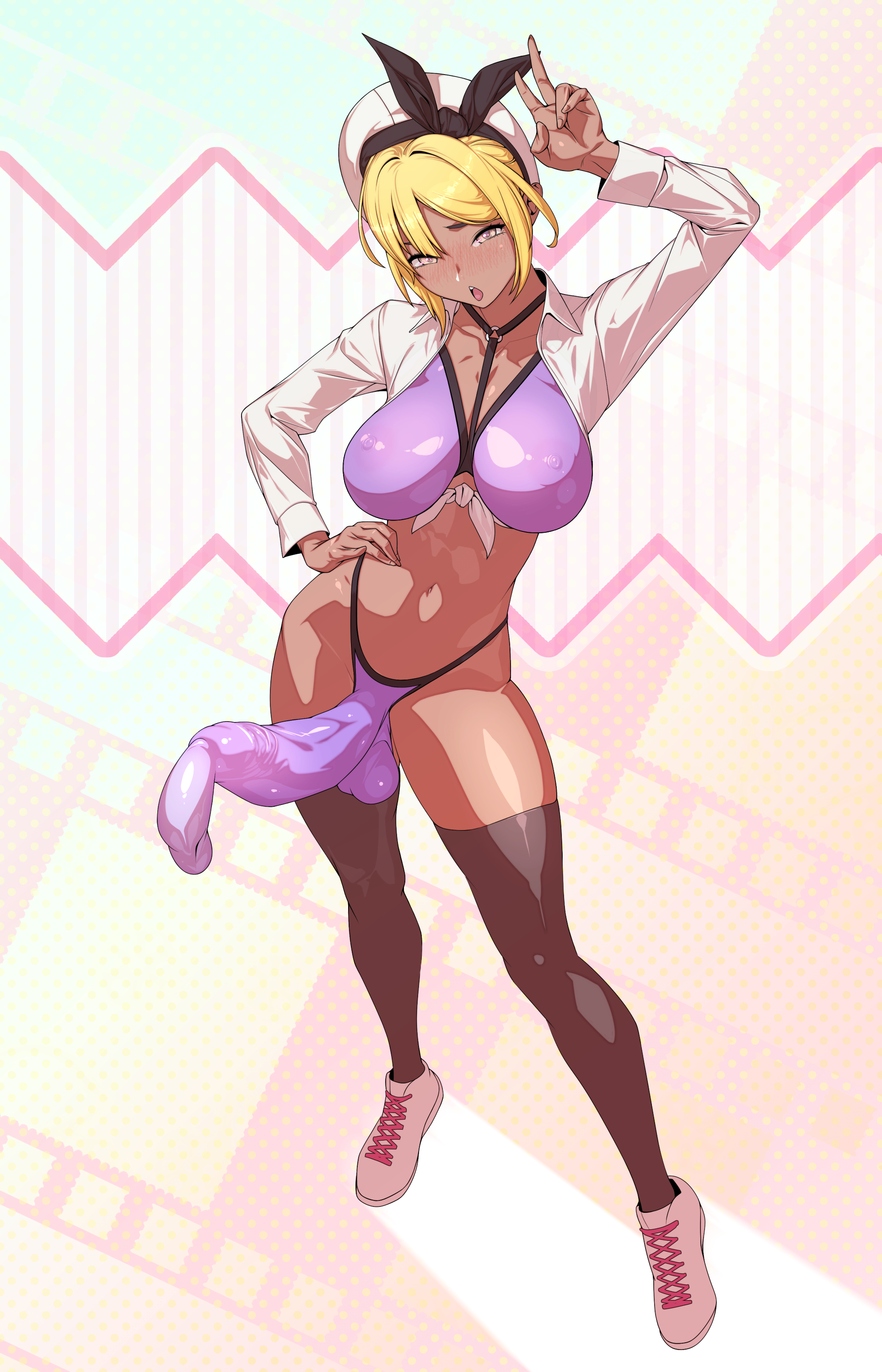 1futa, big breasts, big penis, bikini, blonde hair, blush, breasts, brown eyes, bulge, clothed, clothing, condom, condom filling, cum, cum inside, dark skin, dark-skinned futa, ejaculation, erection, full body, futa only, futanari, hands-free, handsfree ejaculation, hat, human, impossible clothes, intersex, looking at viewer, mostly nude, orgasm, panties, peace sign, penis, purple bikini, purple bikini bottom, purple bikini top, purple panties, shoes, short hair, smile, smiling at viewer, solo, standing, stockings, thick thighs, thighhighs, tomoyuki kotani, voluptuous, voluptuous futa, white shoes, wide hips