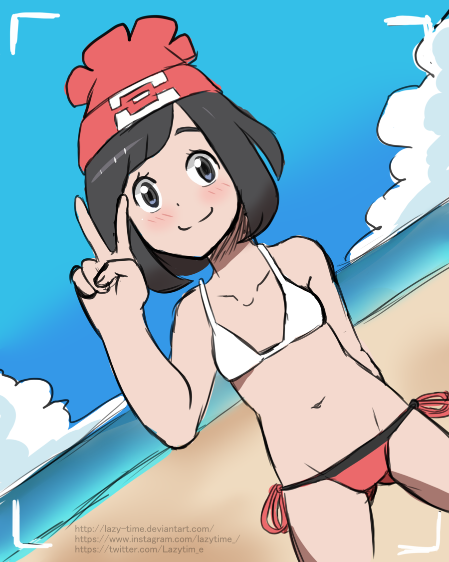 1girls bare_shoulders beach belly bikini black_hair blue_eyes blush day eyelashes female female_only flat_chest hat human human_only lewdtime looking_at_viewer navel nintendo outdoors pokemon pokemon_sm selene_(pokemon) short_hair sky small_breasts smile solo standing text v water