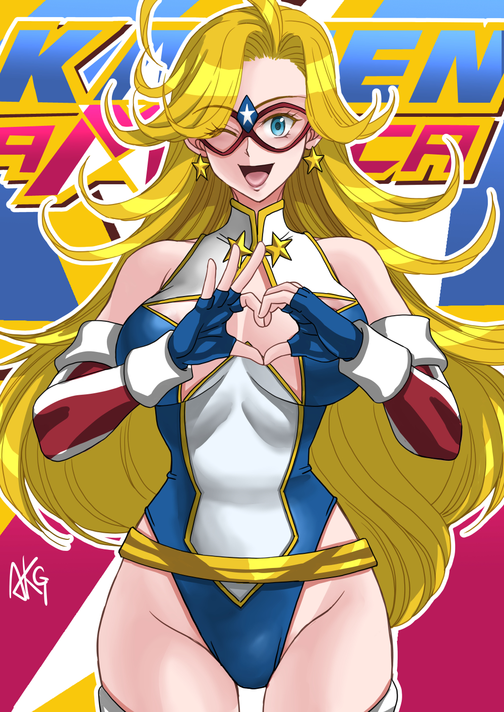 big_breasts blonde_hair blue_eyes charlotte_vanders cleavage heart kamen_america kamen_america_(character) kamen_america_(series) leotard masked_female superheroine thigh_gap thighs wink