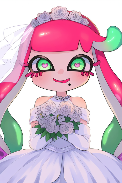 ai_generated bouquet_of_flowers bride female_focus happy harmony_(splatoon) heart-shaped_pupils looking_at_viewer nintendo pink_hair splatoon splatoon_(series) tentacle_hair wedding wedding_dress