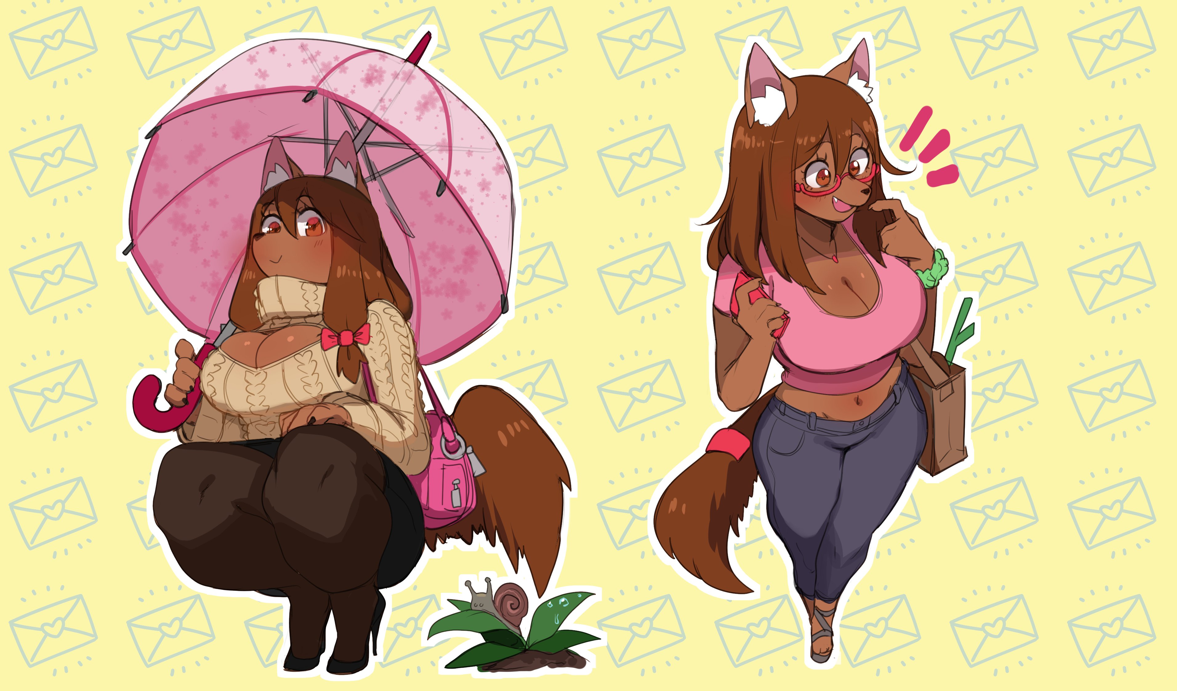 1girls, absurd res, angel (lightsource), animal ears, animal tail, anthro, blush, boob window, breasts, brown eyes, brown fur, brown hair, canine, claws, cleavage, cleavage overflow, clothing, crop top, crouching, cute fang, dog ears, dog girl, dog tail, domestic dog, dressed, female, female only, fur, furry, glasses, hair between eyes, hair ribbon, high heels, jeans, lightsource, long hair, looking at viewer, medium breasts, navel, pantyhose, skindentation, smiling, smiling at viewer, softcore, solo, solo female, sweater, tail, umbrella, very high resolution, widescreen