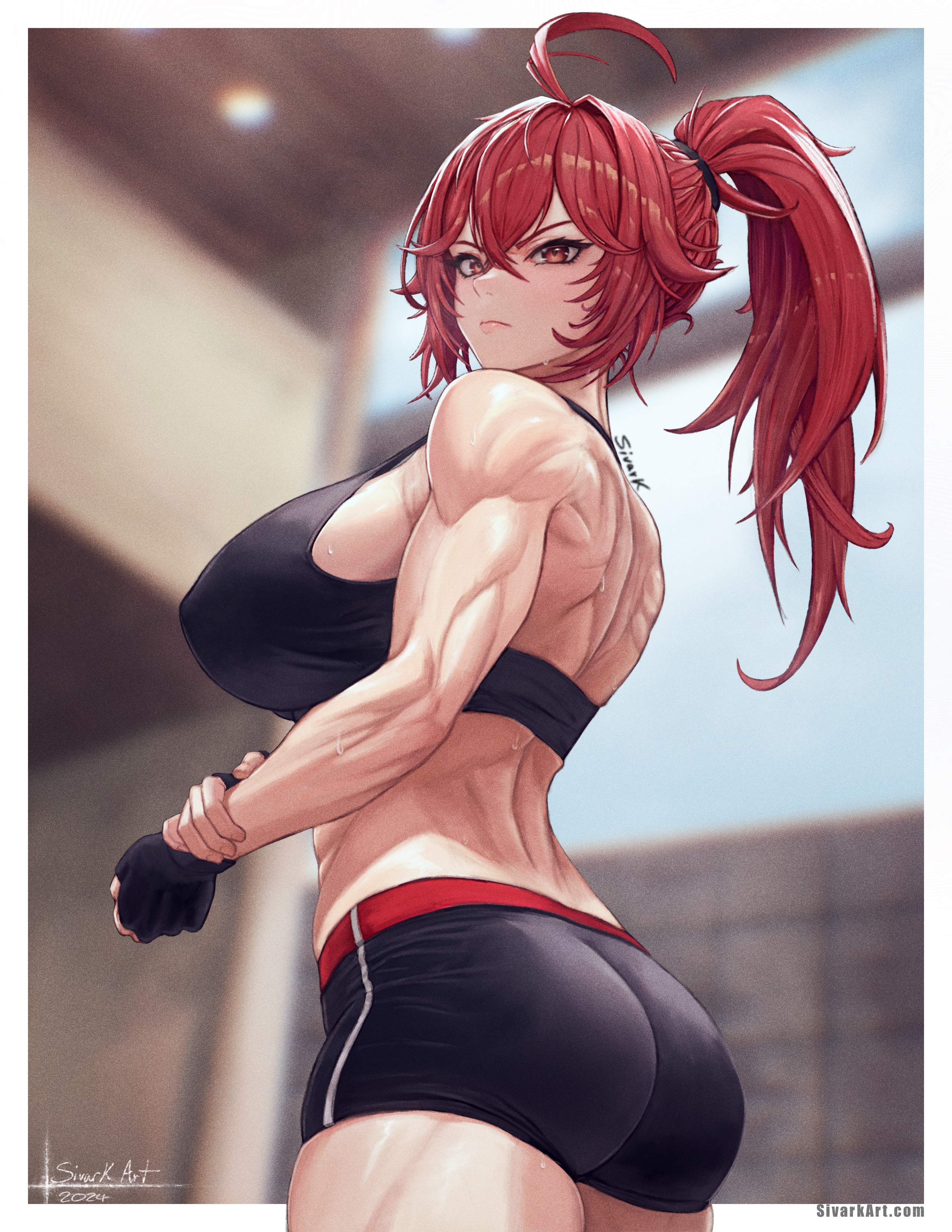 1girls, absurd res, ahoge, ass, breasts, female, goddess of victory: nikke, hi res, large breasts, looking at viewer, matching hair/eyes, muscular, muscular female, nihilister (nikke), ponytail, red eyes, red hair, signature, sivarkart, solo, sports bra, web address