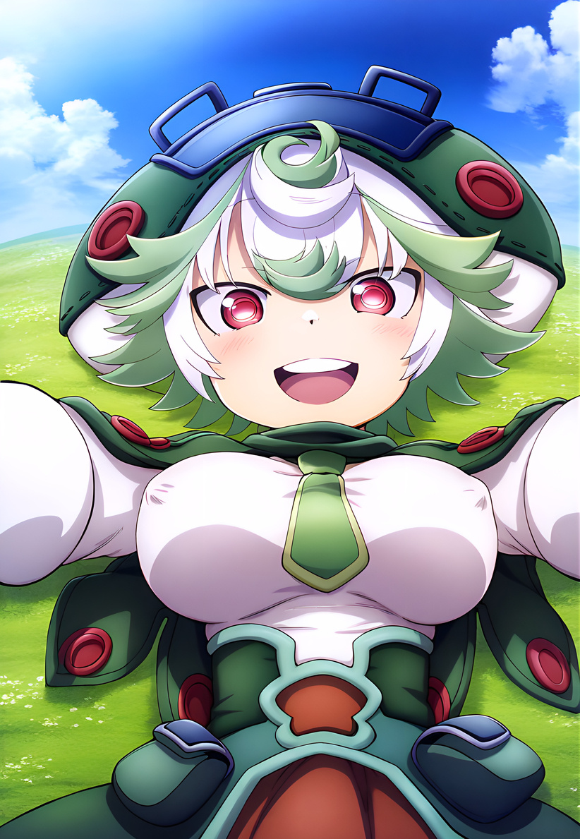 ai_generated big_breasts big_hat huge_breasts looking_at_viewer made_in_abyss mr._nyazakura multicolored_hair nipples_visible_through_clothing prushka red_eyes short_hair shortstack smiling white_hair