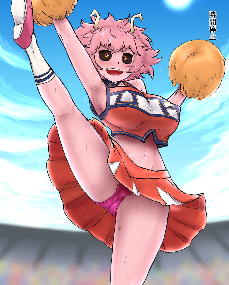 2018 big_breasts black_sclera blush bodily_fluids bottomwear breasts cameltoe cheerleader clothing cloud female footwear hair hi_res human humanoid iegami legwear mammal mina_ashido my_hero_academia navel open_mouth outdoors panties partially_visible_vulva pink_body pink_clothing pink_hair pink_panties pink_skin pink_underwear pom_poms shoes skirt smile socks solo sun sweat u.a._cheerleader_outfit underwear