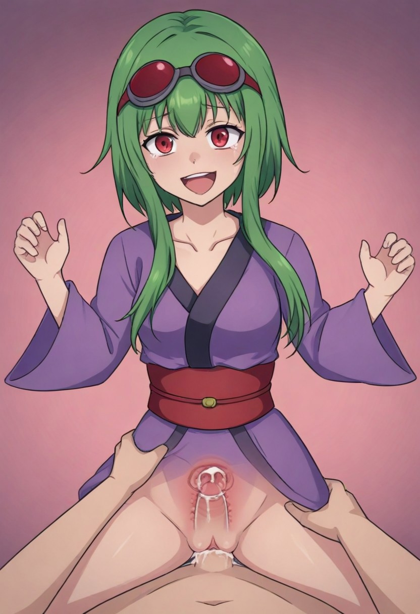 1boy 1girls ai_generated clothed_sex clothing cum cum_in_ass cum_in_pussy cum_in_uterus cum_inside female female_on_top goggles_on_head green_hair hip_grab japanese_clothes kimono masa_works_design mjdennsfw mv_character oni_to_kitsune_no_hanashi open_mouth open_smile penetration penis pov purple_kimono pussy red-tinted_eyewear red_eyes self_upload sex smile spread_legs tears tears_of_pleasure the_doll_owner_(onibi_series) tinted_eyewear vaginal vaginal_penetration wide_hips x-ray