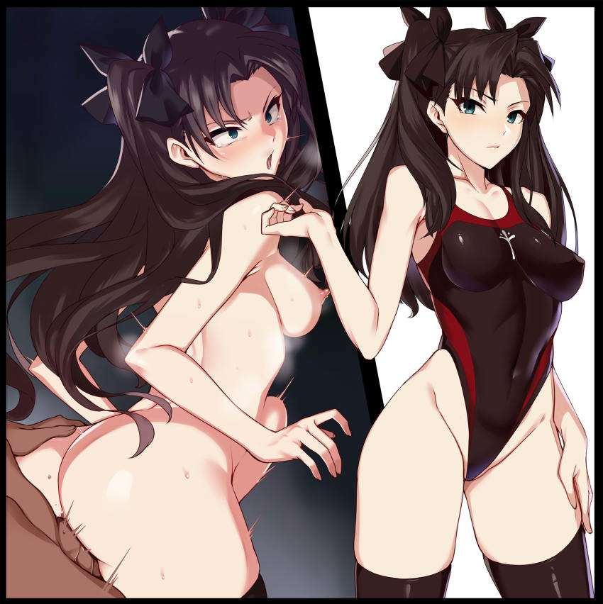 1boy 1girls arrogant artist_request attitude_adjustment backshots before_and_after brown_hair fate/stay_night fate_(series) female male maledom sex small_breasts tohsaka_rin vaginal_penetration