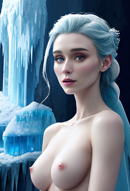 1girls ai ai_generated blue_eyes blue_hair braid braided_hair braided_ponytail breasts celebrity disney elsa_(cosplay) frozen_(film) frozen_castle naked naked_female nipples nude nude_female rooney_mara