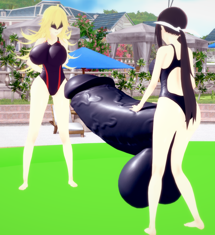 1futa 1girls 3d aroused black_hair blonde_hair condom_suit crybabyfuta female futanari huge_boobs huge_cock hyper hypnosis kaminashi_nozomi keijo!!!!!!!! koikatsu mio_kusakai pool swimsuit