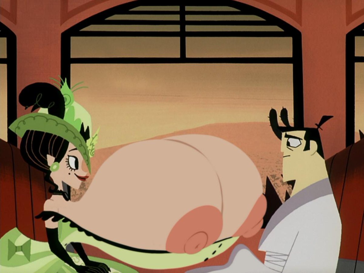 1boy 1girls adult_swim areola_slip areolae black_hair bow breasts breasts_bigger_than_head breasts_bigger_than_torso cartoon_network cleavage dress earrings edited_screencap feather_hat female female_focus hat hyper_breasts josephine_clench large_breasts massive_breasts nipples samurai_jack samurai_jack_(character) short_hair unknown_artist