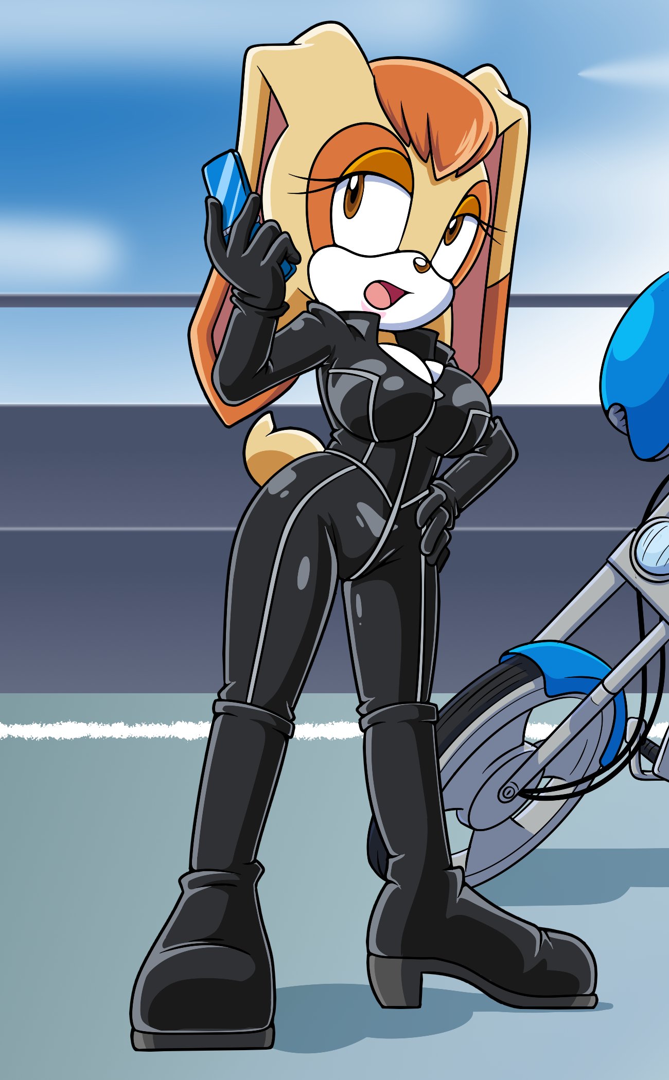 1girls 2024 2d 2d_artwork big_breasts big_thighs breasts color female hand_on_hip leather_suit motorcycle motorcycle_suit mouth open_mouth orange_eyes phone phone_call sega shiny_breasts shiny_hair shiny_skin solo solo_female sonic_(series) sonic_the_hedgehog_(series) sonic_x sonicguru thighs vanilla_the_rabbit