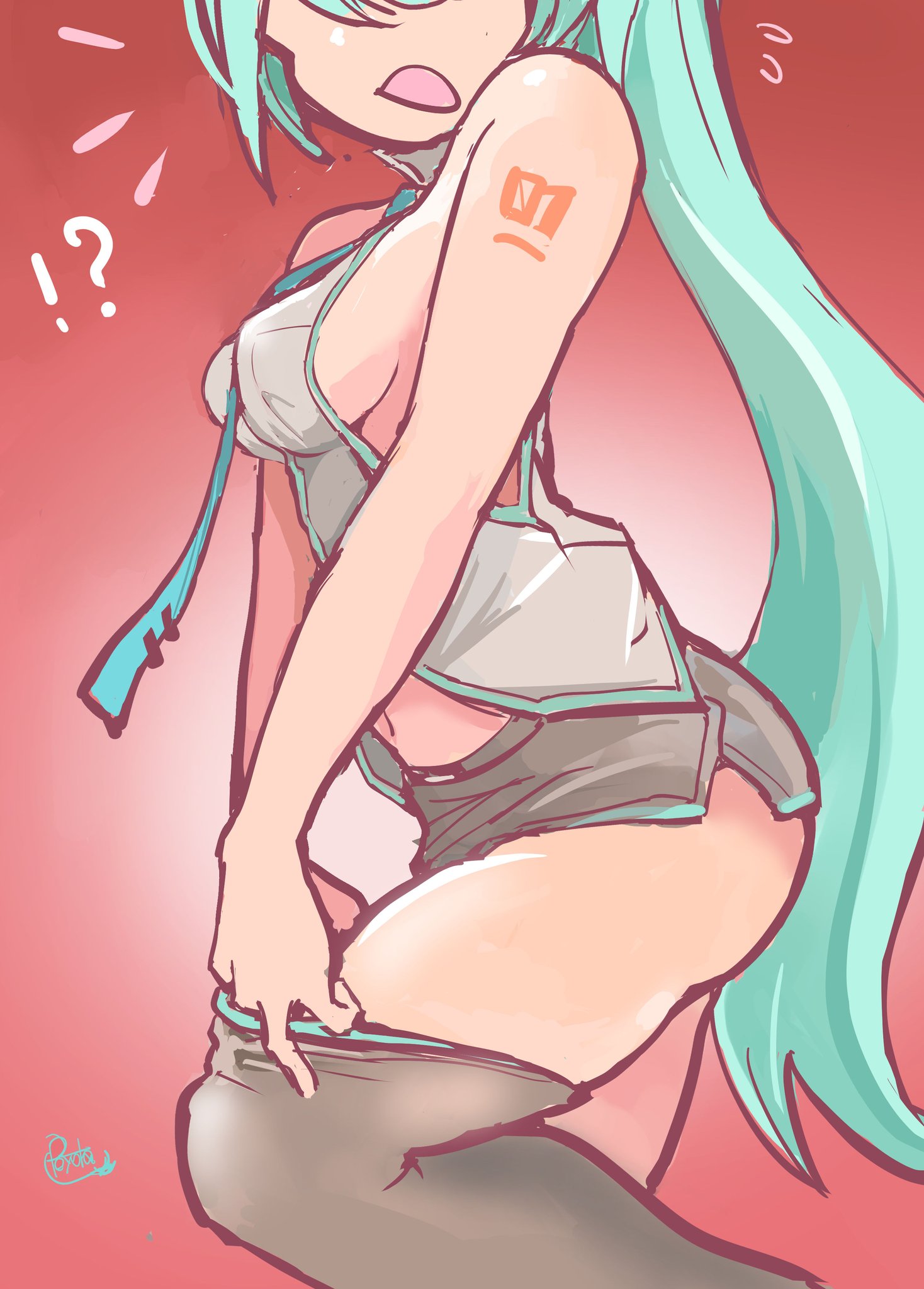 !?, 1girl, 1girls, adjusting legwear, aqua hair, ass, bare arms, bare shoulders, black legwear, black thighhighs, breasts, dressing, embarrassed, female, flying sweatdrops, from side, gradient, gradient background, grey shirt, hatsune miku, head out of frame, light skin, light-skinned female, long hair, medium breasts, mikuroid, navel, necktie, nipple bulge, open mouth, red background, shirt, shorts, side view, sideboob, simple background, sleeveless, sleeveless shirt, solo, surprised, tagme, tattoo, thighhighs, thighs, twintails, very long hair, vocaloid