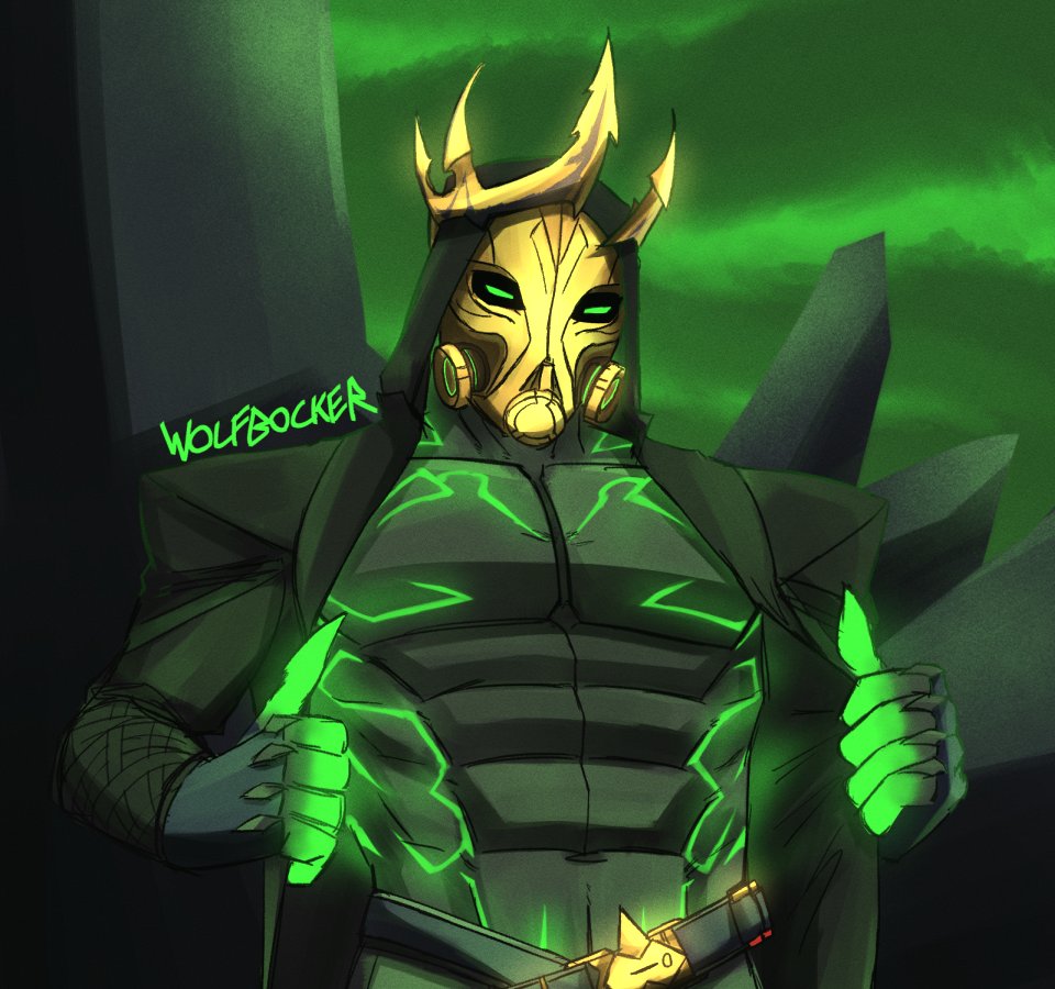 1boy abs armor armored belt bodysuit crown fingerless_gloves fortnite fortnite:_battle_royale gloves glowing_eyes glowing_green_eyes gold_gas_mask green_eyes green_sky hades hades_(fortnite) hood leather_jacket looking_at_viewer looking_down_at_viewer male_only muscular open_jacket opening_jacket pecs solo wolfbocker