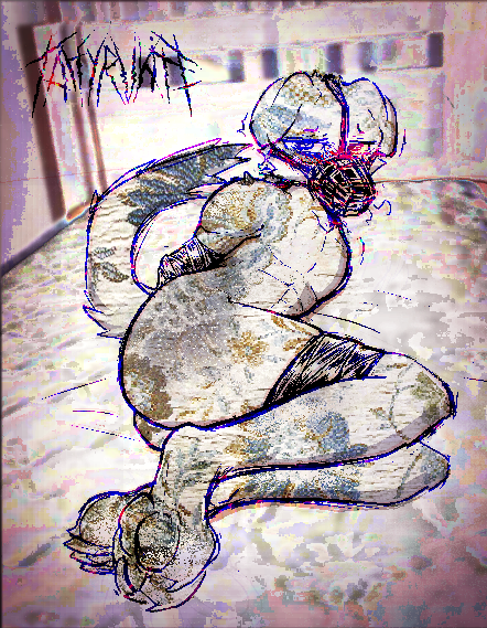 anthro arms_tied arms_tied_behind_back aroused ass bed blush bondage bondage bound breath canid canine canis digital_media_(artwork) domestic_dog duct_tape floppy_ears furniture glitch hands_behind_back legs_tied looking_at_viewer lying male mammal mixed_media muzzle_(object) muzzled nude on_side paws photo_background photography_(artwork) questionable_consent restraints scared scaroused signature solo taffyrukite tail tape tape_bondage