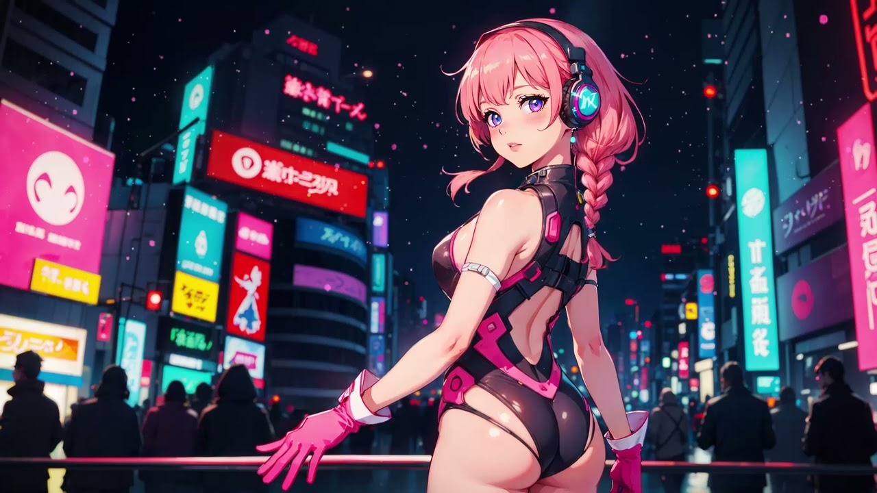 1girls ai_generated braided_hair city_background cyberpunk cyberpunk_background female gloves headphones looking_at_viewer pink_hair purple_eyes standing turning_around