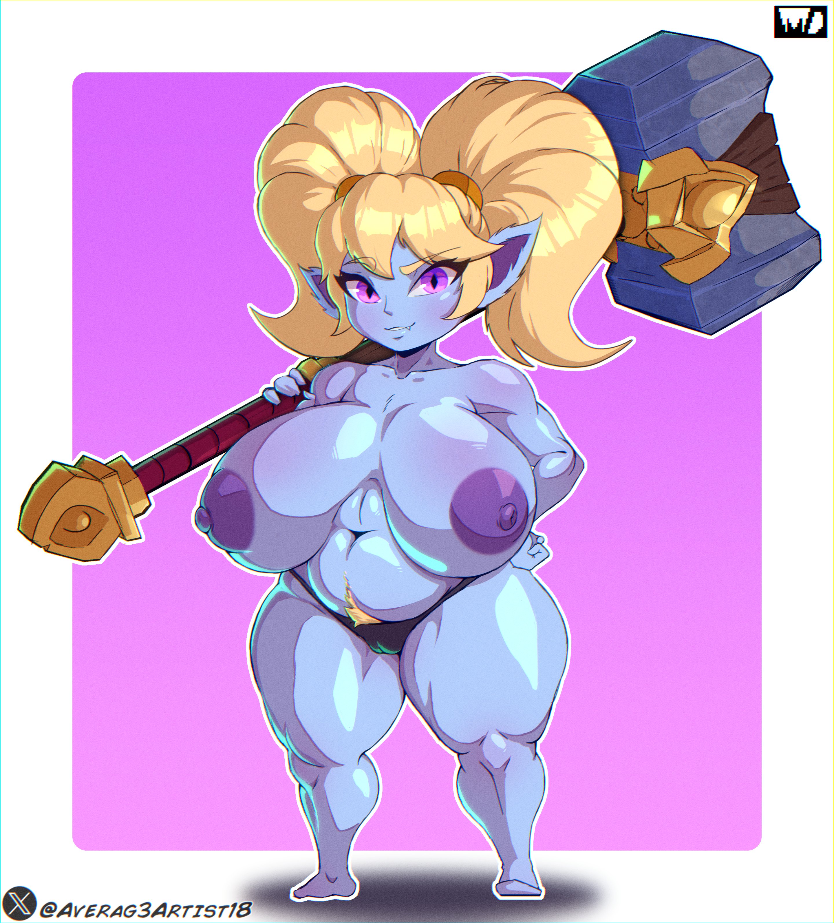averag3artist18, blonde hair, blue body, blue skin, female, female focus, female only, league of legends, looking at viewer, poppy, pubic hair, riot games, shortstack, solo, solo female, solo focus, twintails, yordle