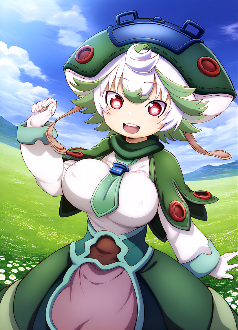 ai_generated big_breasts big_hat huge_breasts looking_at_viewer made_in_abyss mr._nyazakura multicolored_hair nipples_visible_through_clothing prushka red_eyes short_hair shortstack smiling white_hair