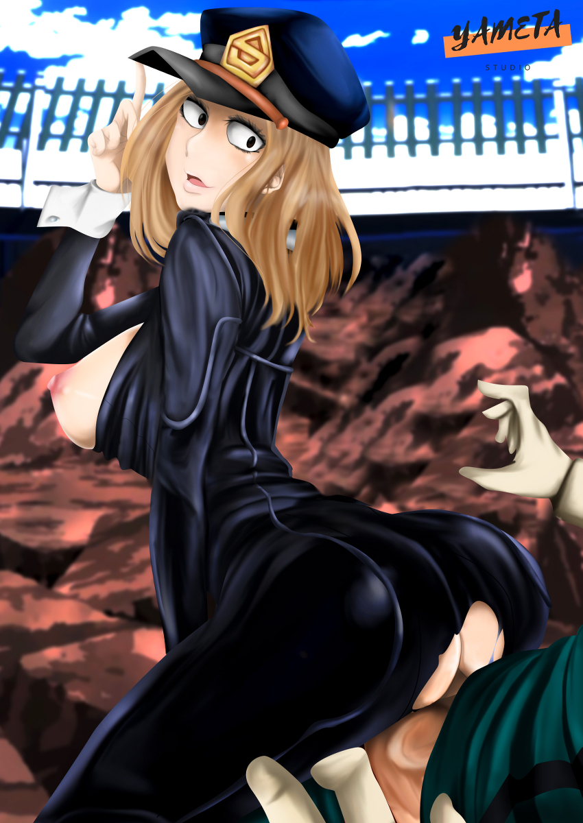 1boy, 1girls, artist request, ass, big ass, big butt, blonde hair, blonde-haired female, breasts, breasts out, camie utsushimi, female, female focus, female on top, female penetrated, huge ass, huge butt, izuku midoriya, looking back, male, male penetrating, male penetrating female, male/female, my hero academia, penile penetration, penis, sex, shiketsu high school cap, torn clothes, torn clothing