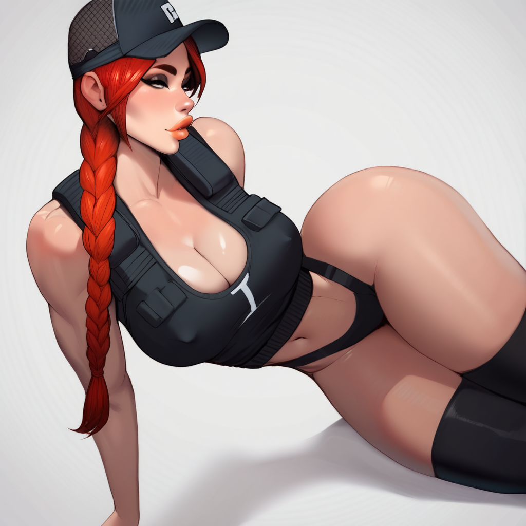 ai_generated ash_(rainbow_six) big_ass big_breasts bimbo bimbo_lips braid comission curvy female fit_female g_string huge_breasts large_breasts light_skin military rainbow_six_siege red_hair rookybooky thick thick_thighs thong vest