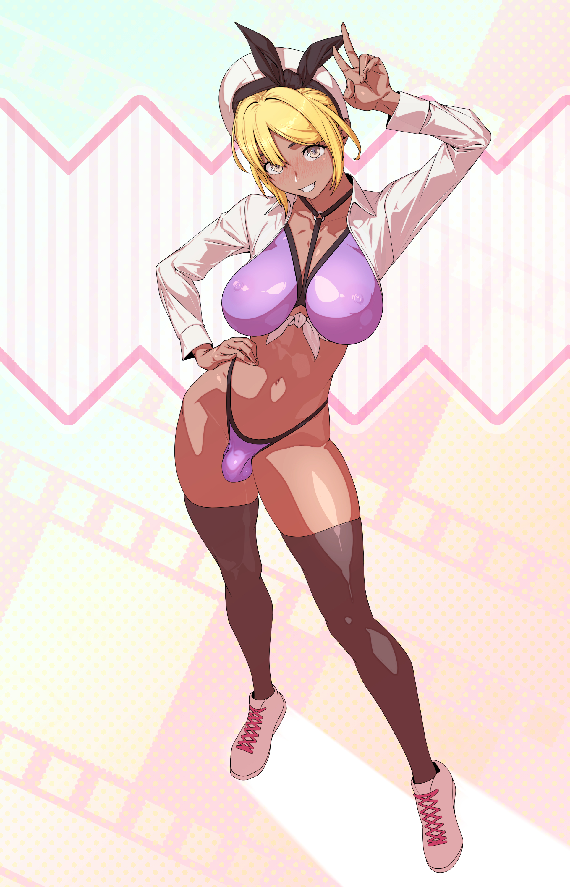 1futa, balls, big breasts, bikini, blonde hair, blush, breasts, brown eyes, bulge, clothed, clothing, dark skin, dark-skinned futa, flaccid, full body, futa only, futanari, hat, human, intersex, large breasts, looking at viewer, mostly nude, panties, peace sign, penis, purple bikini, purple bikini bottom, purple bikini top, purple panties, shoes, short hair, small penis, smile, smiling, smiling at viewer, solo, standing, stockings, testicles, thick thighs, thighhighs, tomoyuki kotani, voluptuous, voluptuous futa, white shoes, wide hips