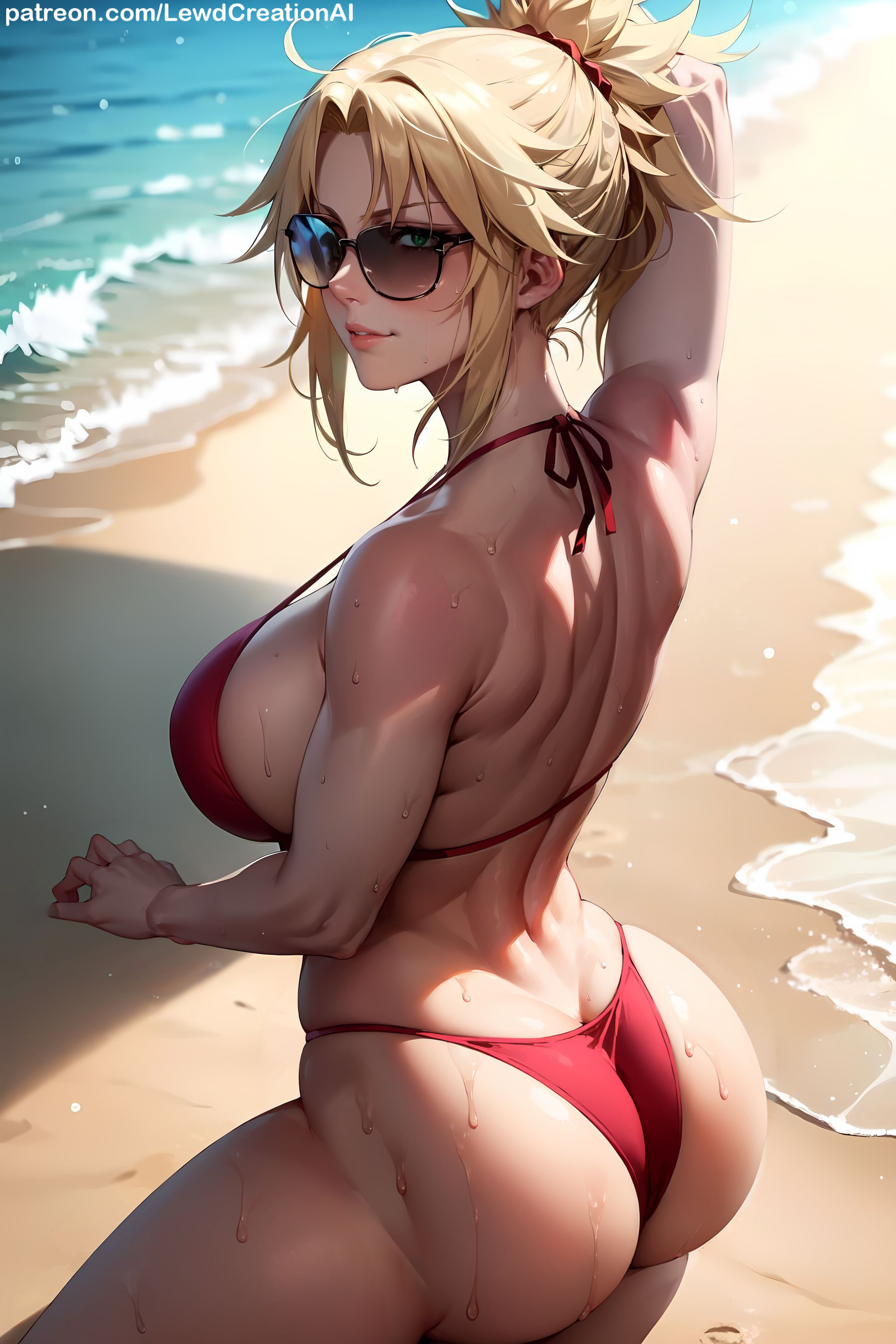 1girls, abs, absurd res, ai generated, ass, ass crack, ass focus, beach, big breasts, bikini, bikini bottom, bikini top, blonde female, blonde hair, blonde-haired female, blush, blush lines, blushing at viewer, breasts, brown-tinted eyewear, butt crack, curvy, curvy figure, fate (series), fate/grand order, fate/stay night, female, from behind, from side, green eyes, high resolution, highres, huge ass, huge breasts, lewdcreationsai, looking at viewer, mordred (fate), mordred (swimsuit rider), muscles, muscular, muscular female, muscular thighs, solo, solo female, solo focus, sunglasses, sweat, sweatdrop, sweating, sweaty, sweaty ass, sweaty body, sweaty breasts, sweaty butt, tagme, thick, thick ass, thick legs, thick thighs, thighs, tinted eyewear, toned, toned body, toned female, toned stomach