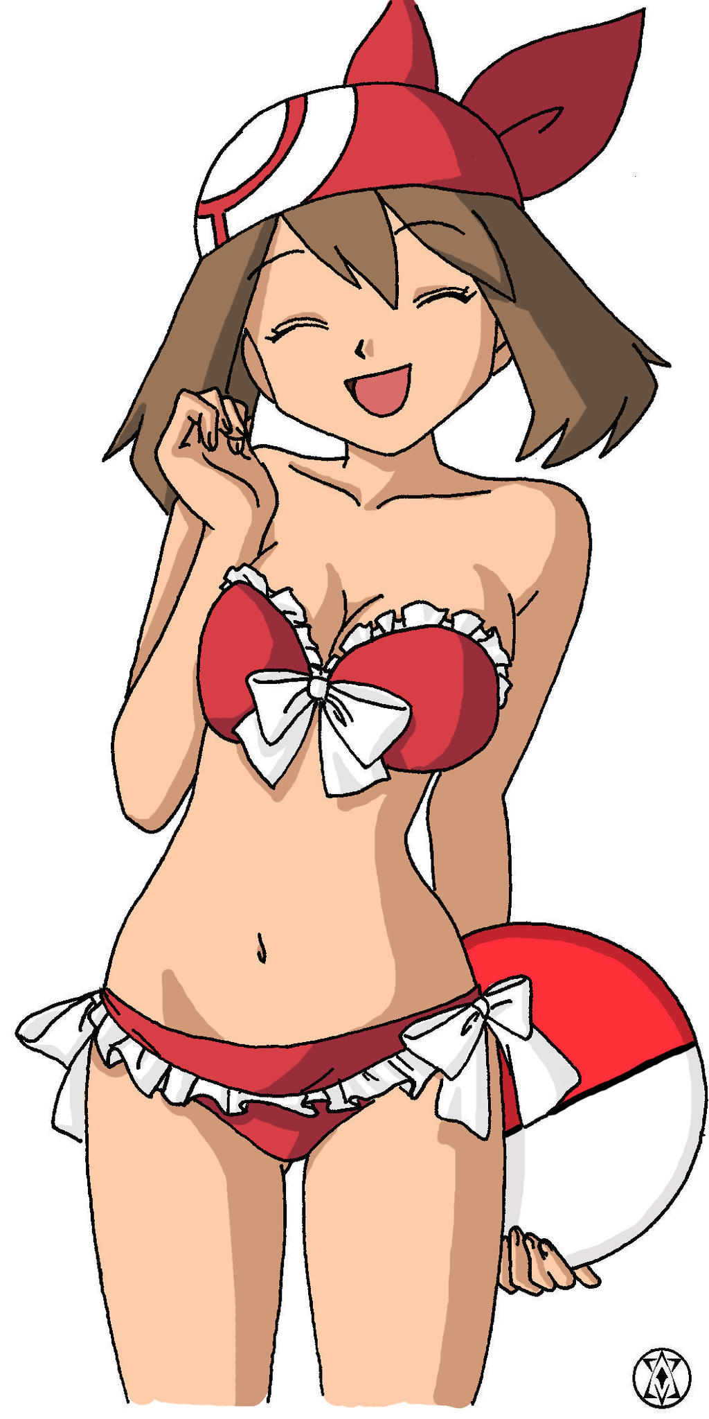 aidman101 bandana beachwear bikini bikini_bottom bikini_top brown_hair cheerful cleavage closed_eyes cute female frills girly half_naked half_naked_female happy hourglass_figure may_(pokemon) navel pokemon pokemon_(anime) pokemon_rse red_bandana redraw simple_background smile solo swimsuit tagme unknown_artist unknown_source white_background