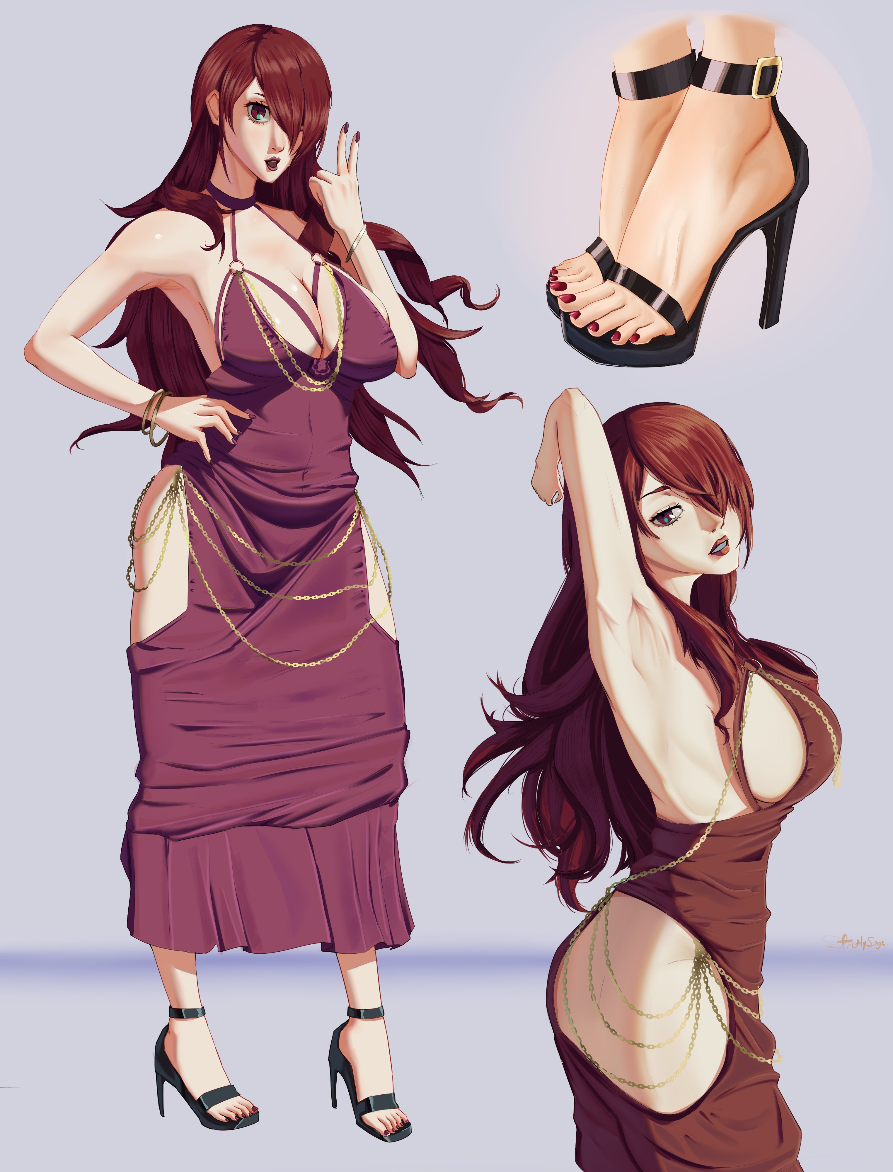 armpit crease, armpit fetish, armpits, arms above head, arms up, artist request, big breasts, big thighs, blowing kiss, breasts, child bearing hips, choker, curvy, curvy figure, dress, feet, female, hair over one eye, heels, high heels, huge breasts, mitsuru kirijo, persona, persona 3, red dress, red hair, seductive, seductive look, sideboob, thick thighs, thighs