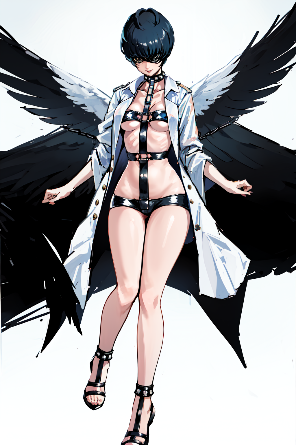 ai_generated angel_(megami_tensei) angel_(megami_tensei)_(cosplay) black_wings blindfold blindfolded blindfolded_female bob_cut bondage_harness bondage_outfit breasts chains choker cosplay dark_blue_hair female grin heels knees_together knees_together_feet_apart labcoat leather leather_clothing leather_harness leather_panties leather_straps light-skinned_female light_skin off_the_ground open_lab_coat open_labcoat pale-skinned_female pale_skin persona persona_5 short_hair small_breasts spiked_anklet spiked_choker spiked_collar strappy_heels tae_takemi toes white_background wings